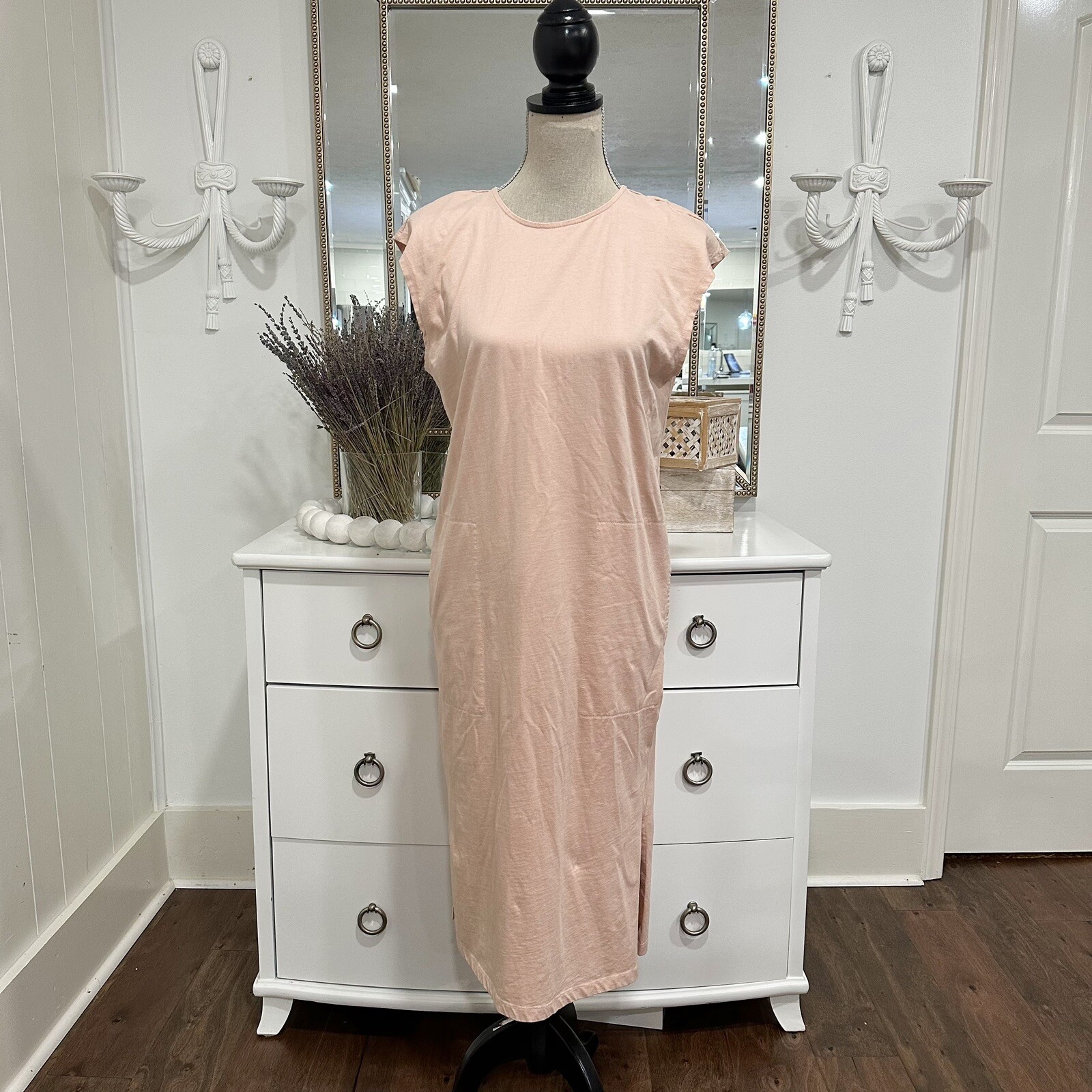 WVN for You Pink Blush Midi T-Shirt Dress Casual Sz S Side Slit Cotton Comfort