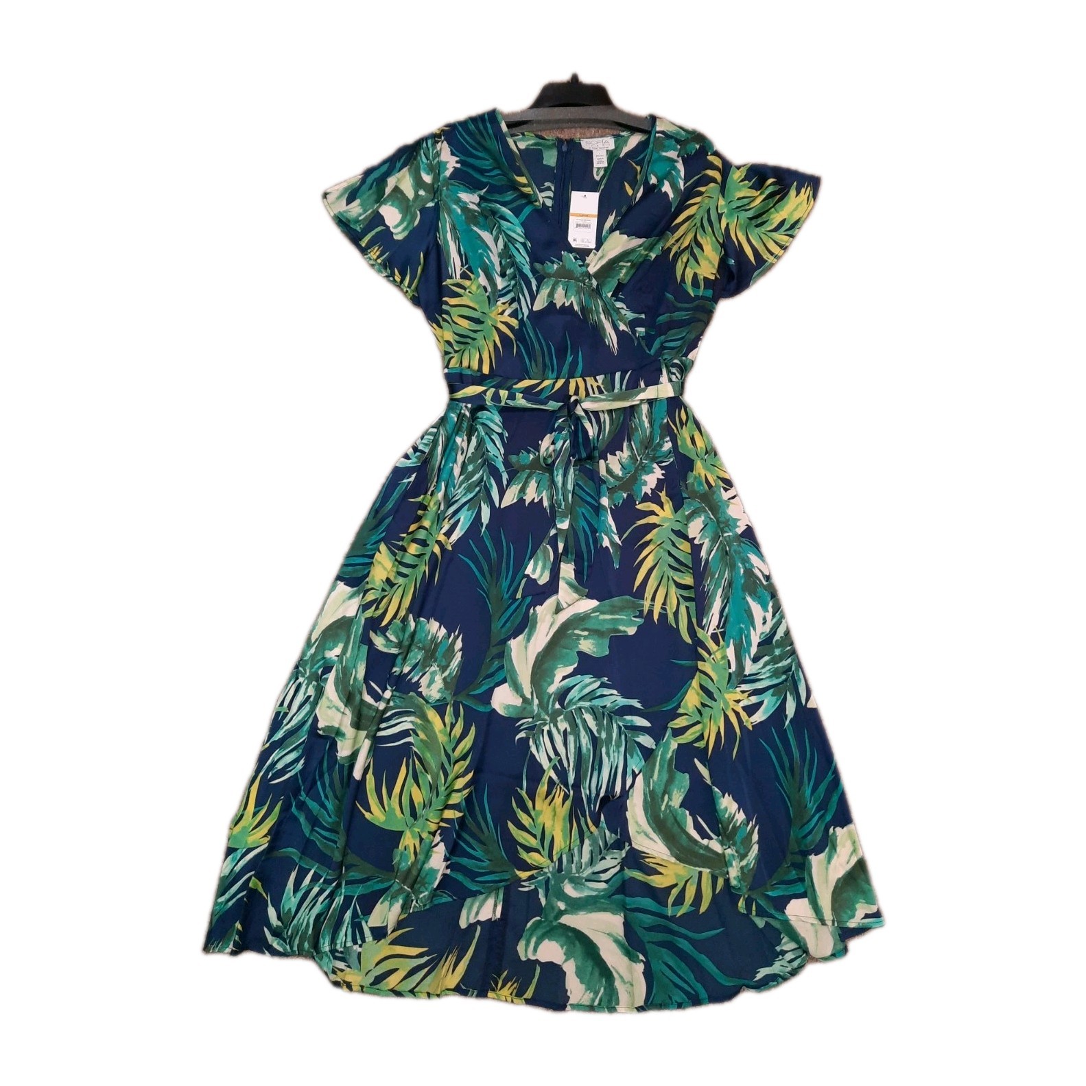 Sofia Vergara New Faux Wrap Belted Dress Size Large 12-14 Navy Green Leaf Print