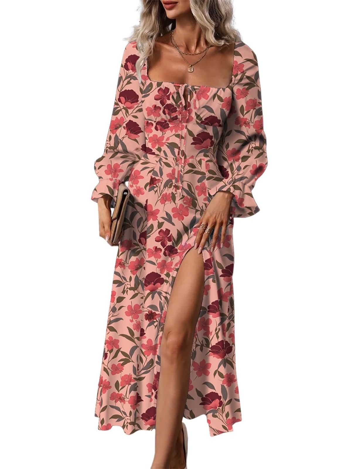 BLENCOT Womens Floral Maxi Dress Red Floral Printed Long Sleeve Side Split XL
