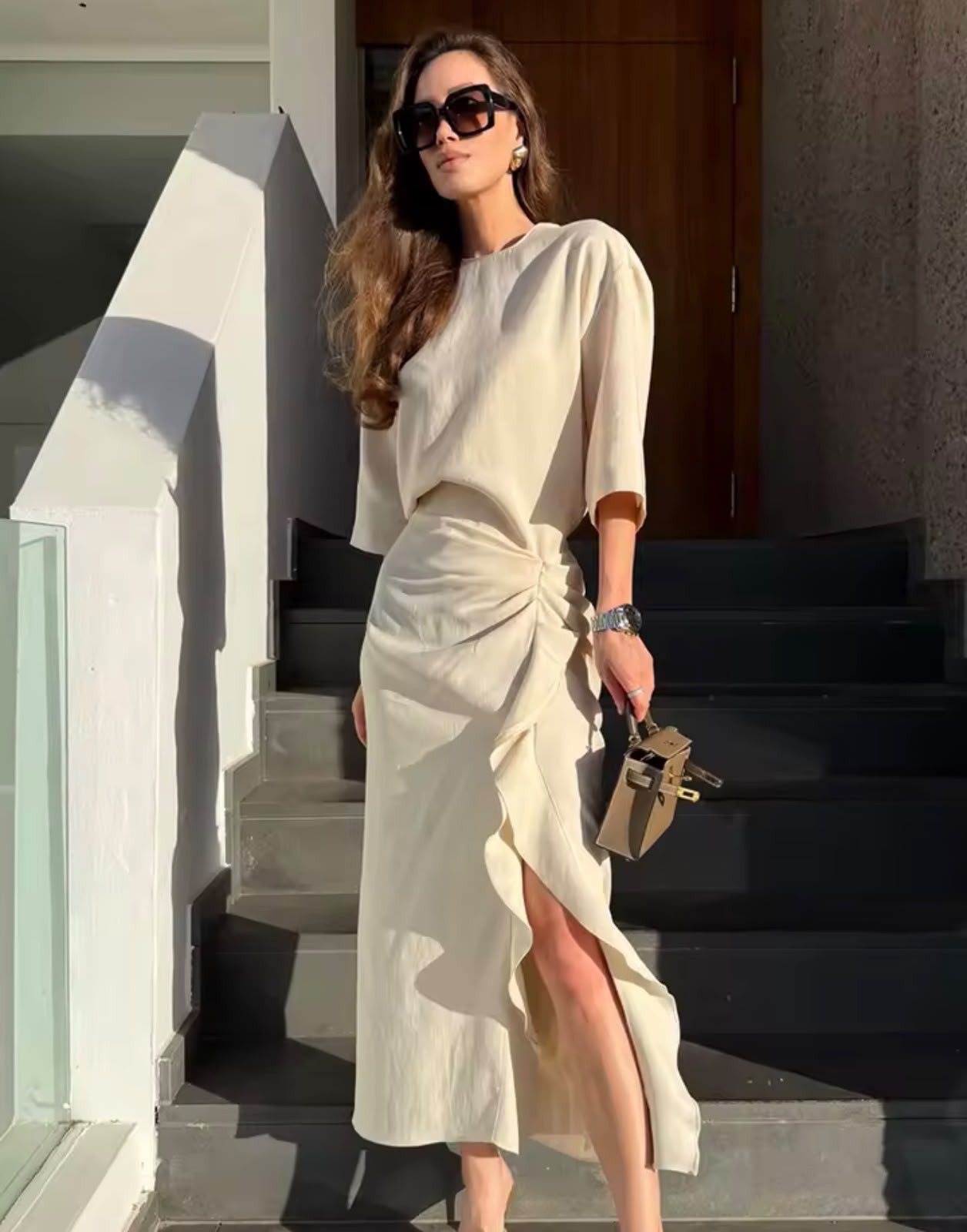 ZARA NEW WOMAN ZW COLLECTION DRAPED MIDI DRESS MID-ECRU SIZE S 2100/828/715