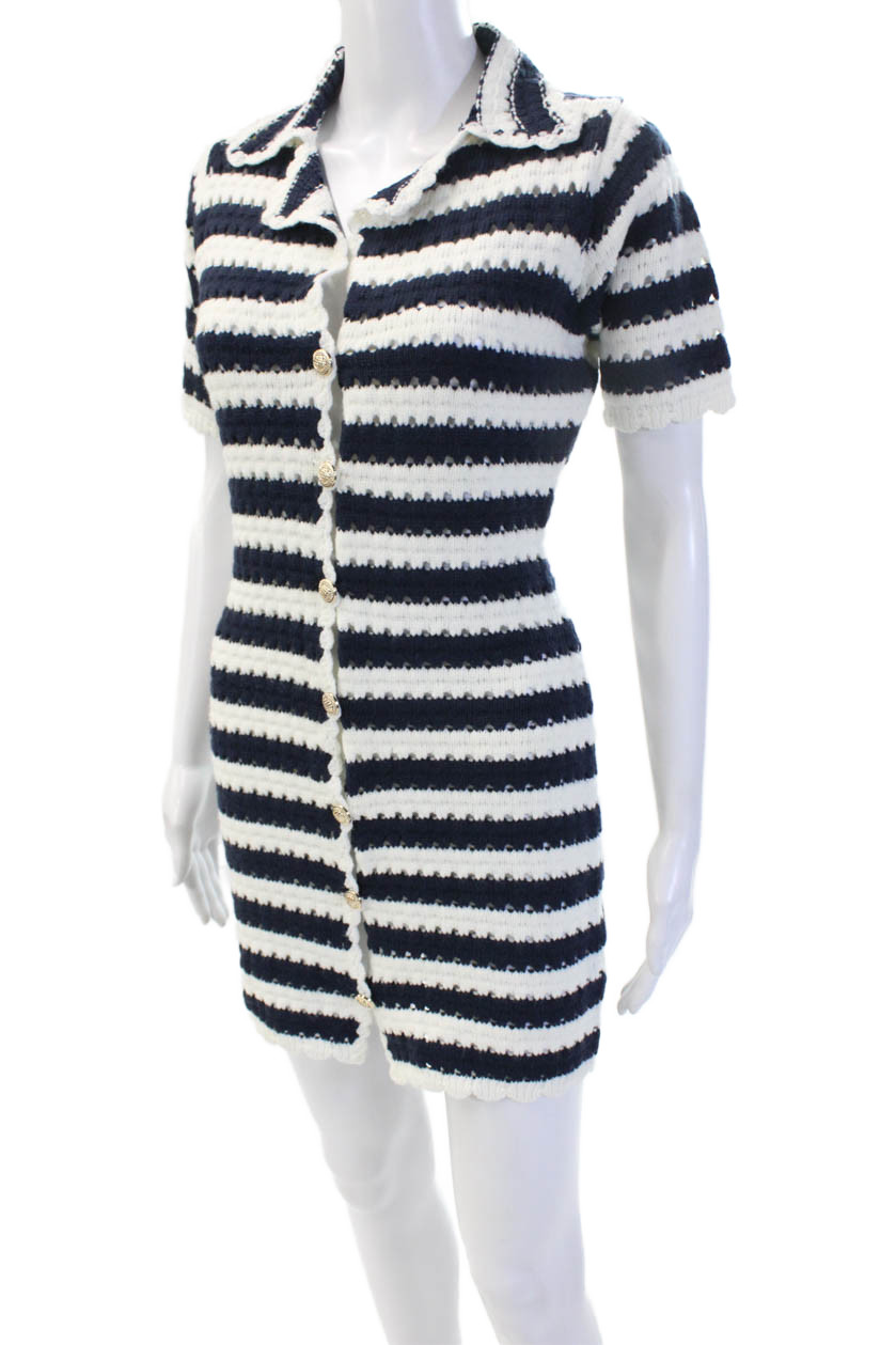 Fore Women Striped Collared Shirt Dress Dark Blue Short Sleeve Cotton Size XS