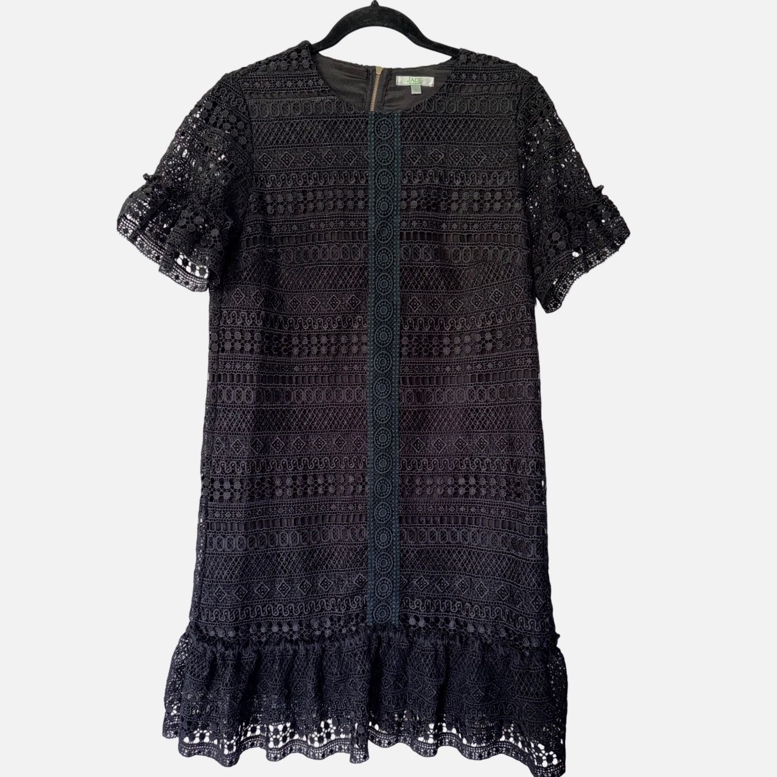Jade Melody Tam Black Eyelet Lace Shift Dress Ruffle Hem Short Sleeve Small