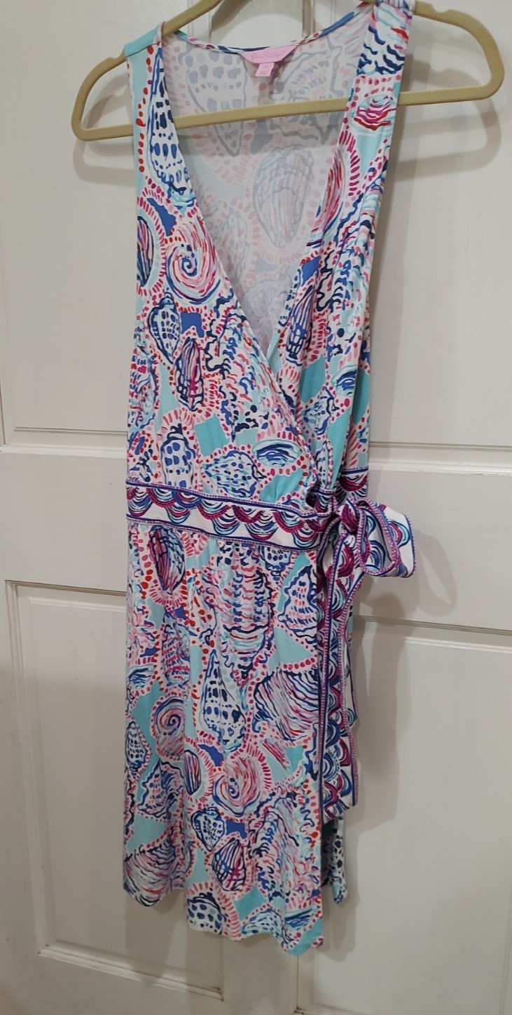 Lilly Pulitzer BELLINA WRAP DRESS Shell Me About It Blue Pink M 97172