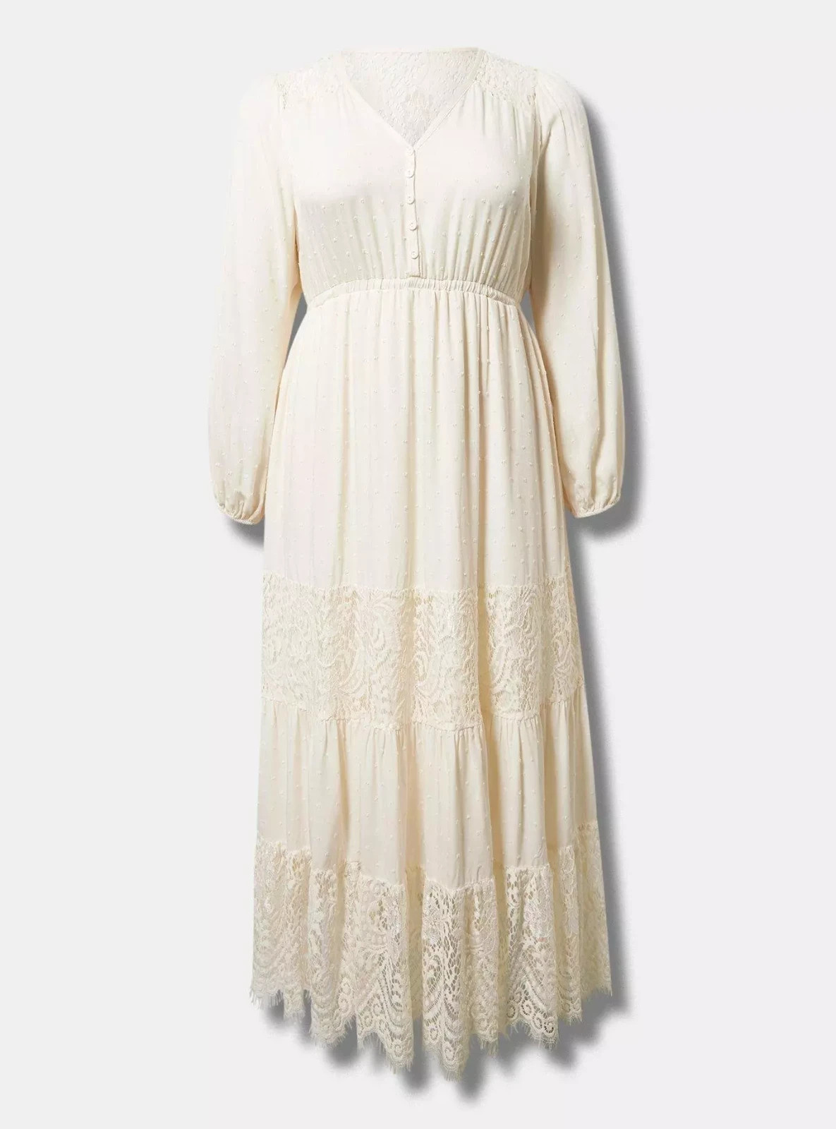 Torrid NWT Plus Size 1X Ivory Swiss Dot Lace Contrast Tiered Maxi Dress Romantic