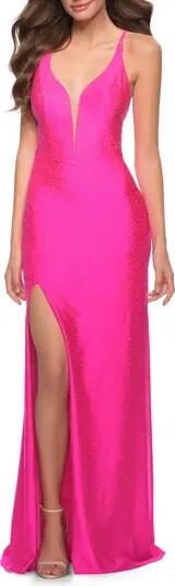 La Femme Neon Pink Rhinestone Plunge Neck Cross Back Gown Size 00 $408 Prom
