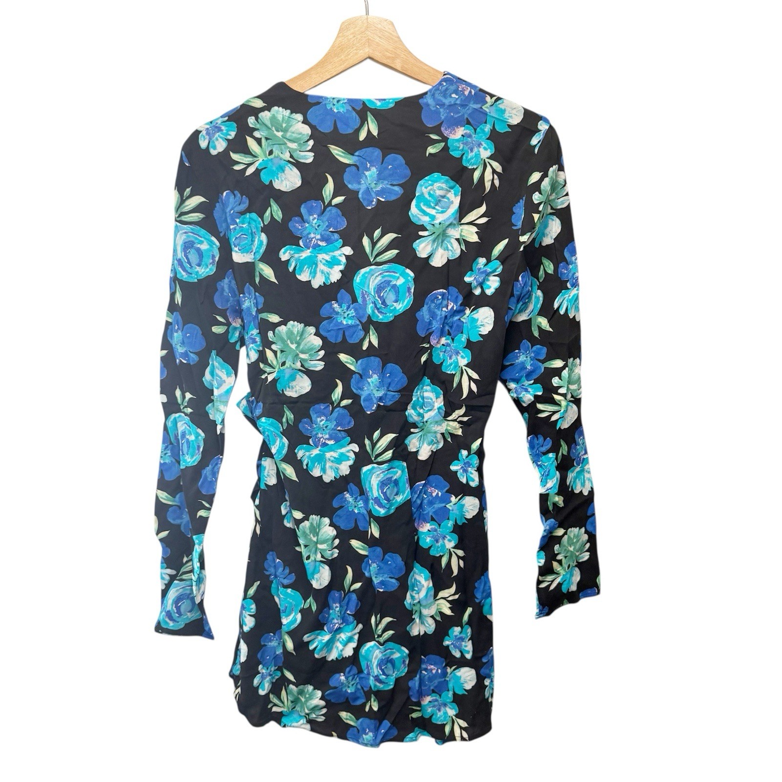 NWT WeWoreWhat Blue Black Cowl Neck Wrap Mini Dress, Size Medium