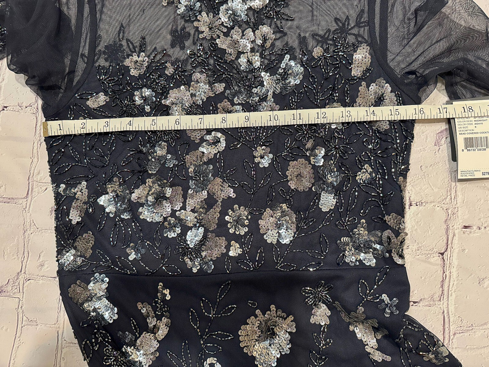 Adrianna Papell Floral Sequin Beaded Sheer Navy Dress NWT Size 6