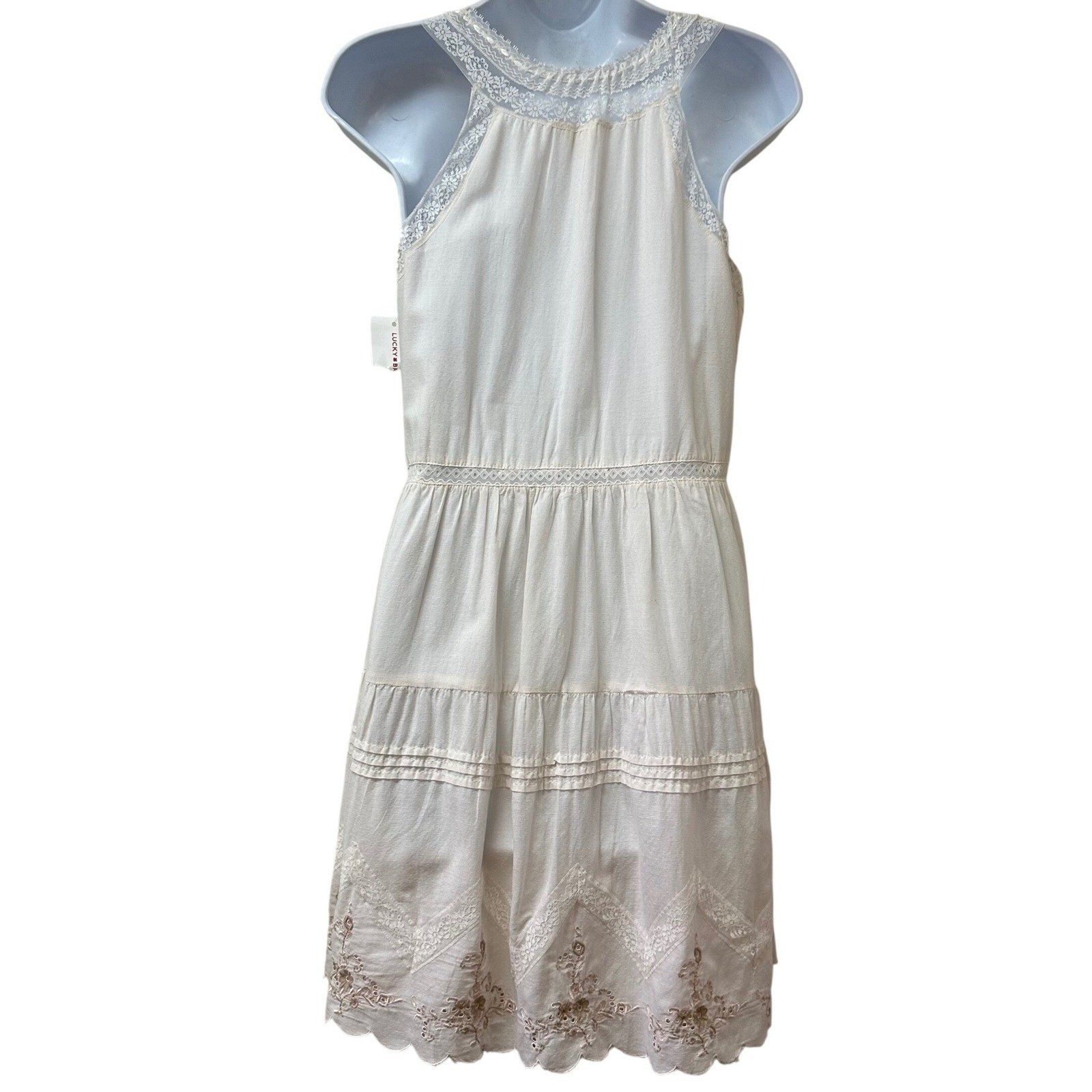Lucky Brand White Embroidered Boho Mini Dress Sleeveless Button Front XS NEW