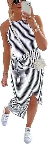 Women Casual Sleeveless Striped Tank Midi Dresses Halter Neck Ruched Bodycon …