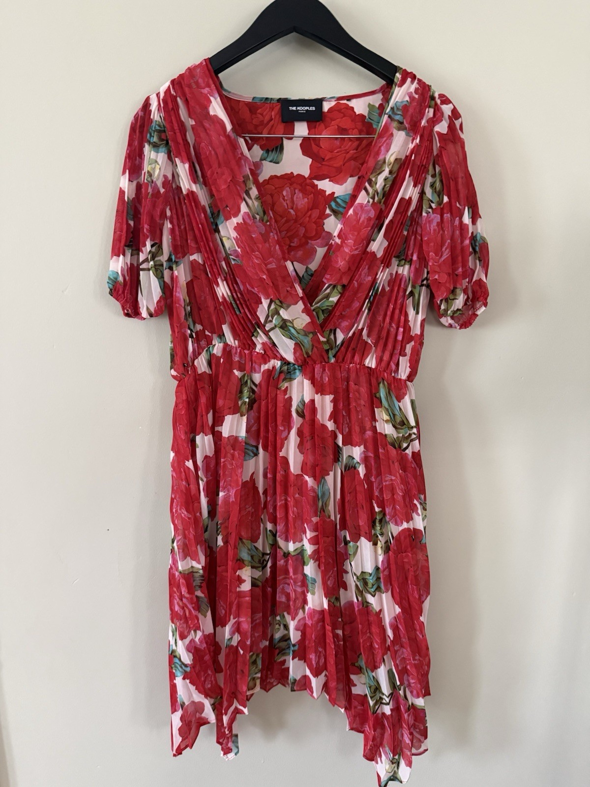 The Kooples Red Pink Green Floral Pleated V-Neck Puff Sleeve Short Dress Size L