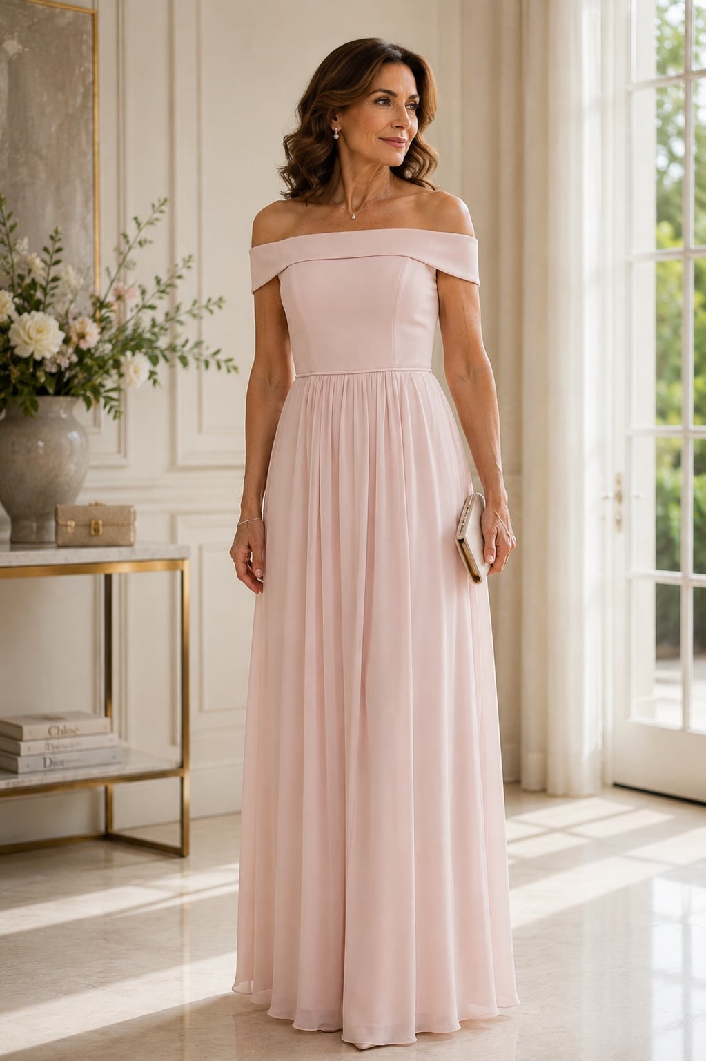 Adrianna Papell A-line Off-the-Shoulder Chiffon Bridesmaid Dress in Blush Size 4