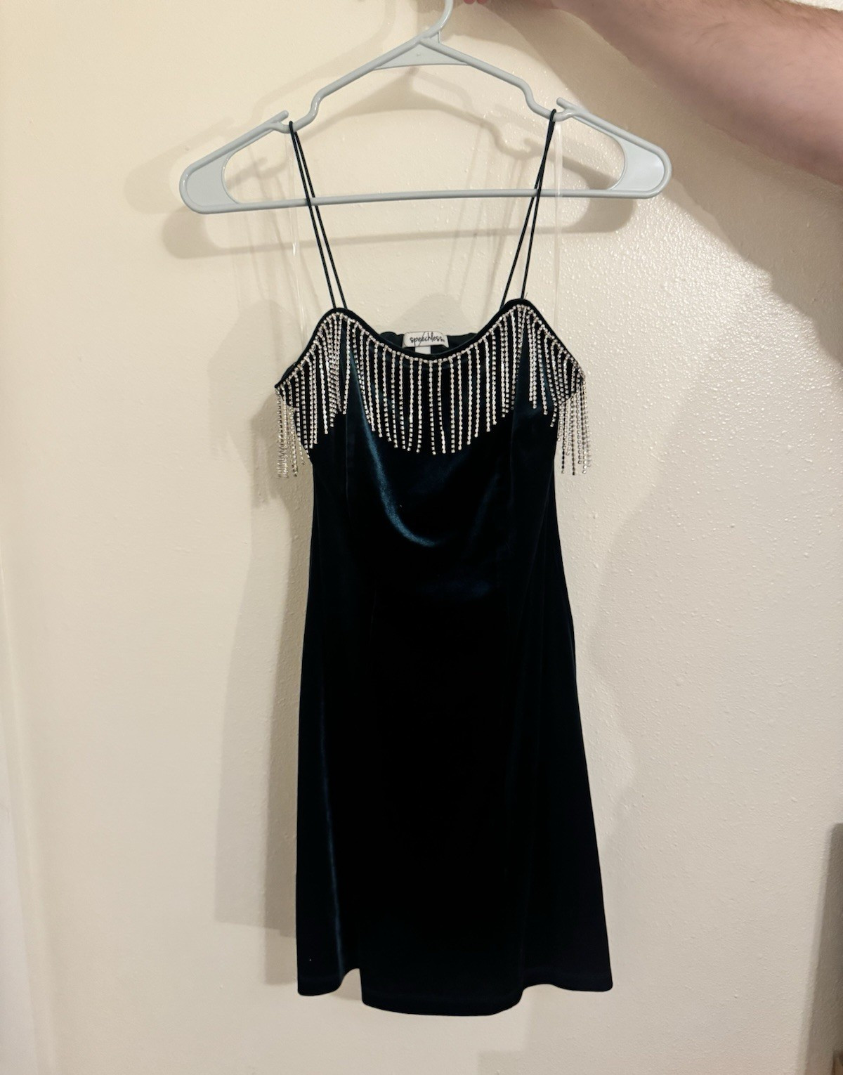 Speechless Dark Green Velvet Beaded Fringe Mini Dress • Size XS