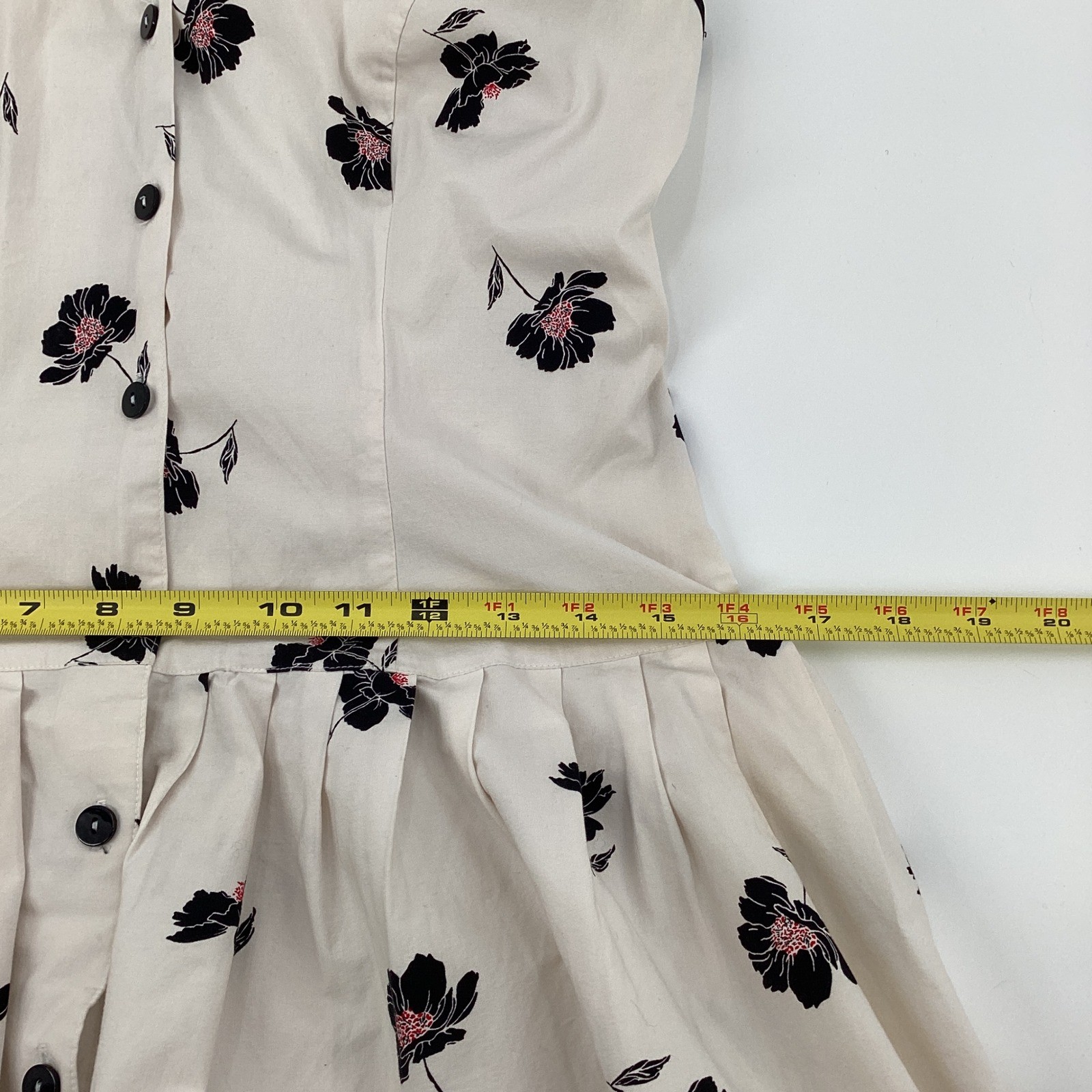 Womens Floral Peter Pan Collar Button Front Midi Dress Cream Black Retro FLAW