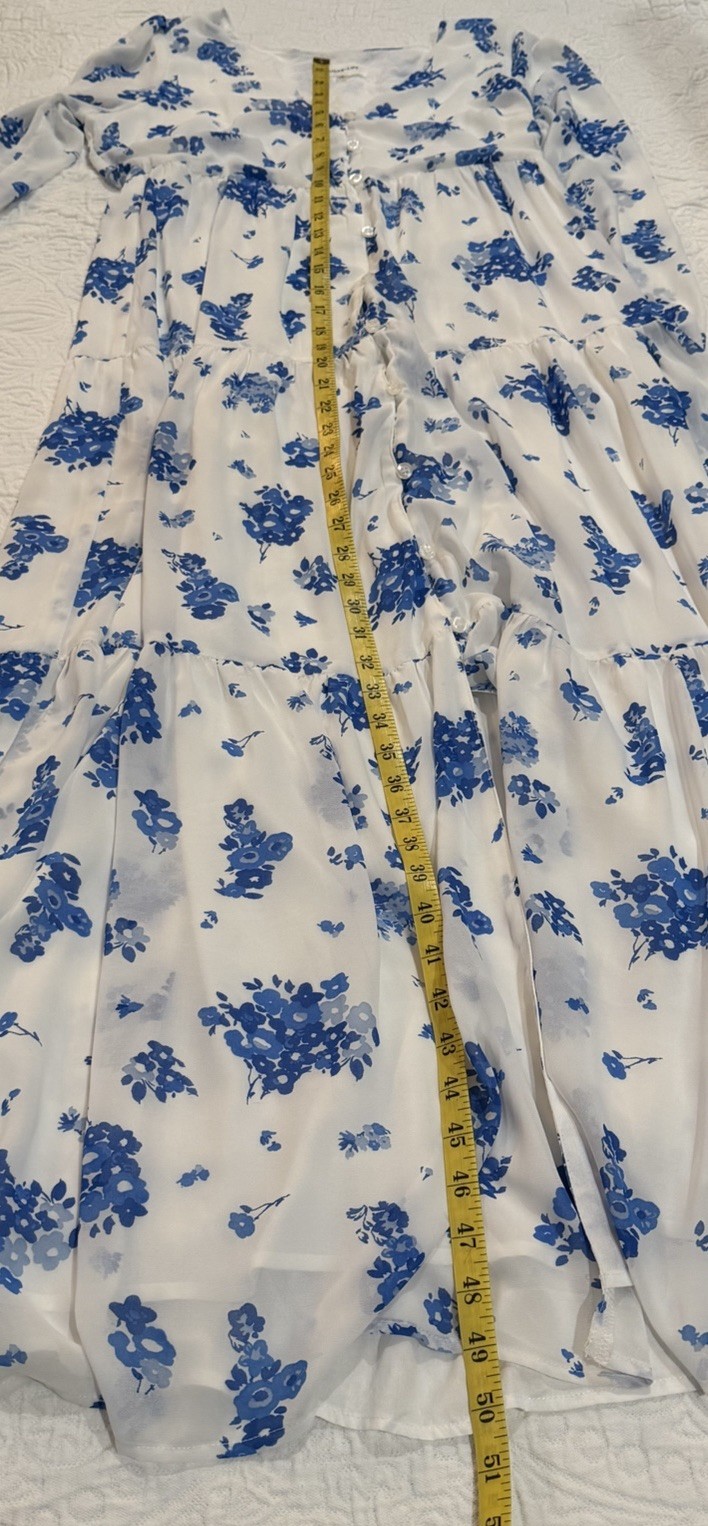 Sugarlips Blue White Floral Kissa Tiered Maxi Dress Button Down Long Sleeve Sz S