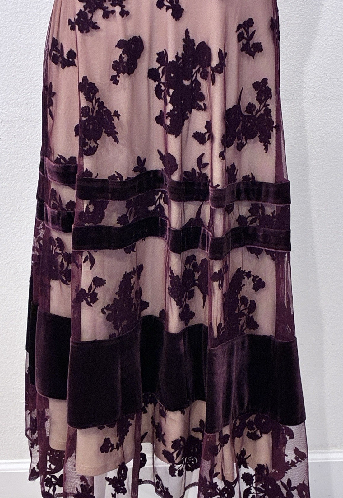 Taylor Whimsigoth Flocked Velvet Mesh Maxi Dress Size 2 Burgundy Dark Romance