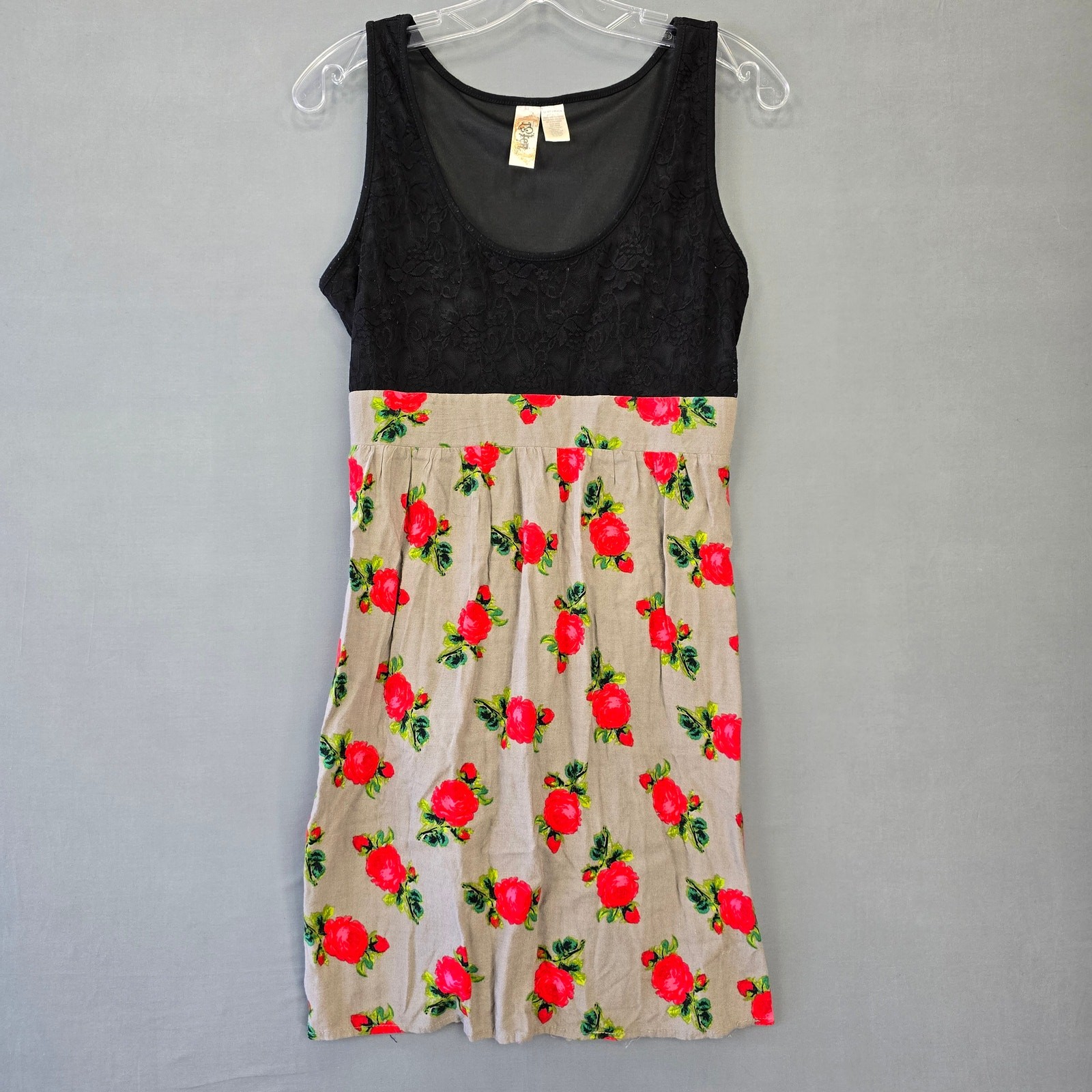 L8ter Black Gray Dress Mini Stretch Preppy Floral Lace Sleeveless Womens Size M