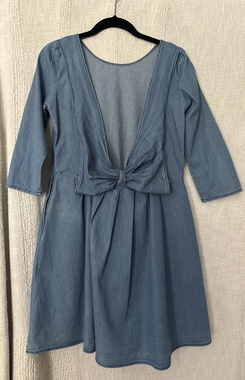 ASOS blue denim backless bow round neck long sleeve knee length dress 8