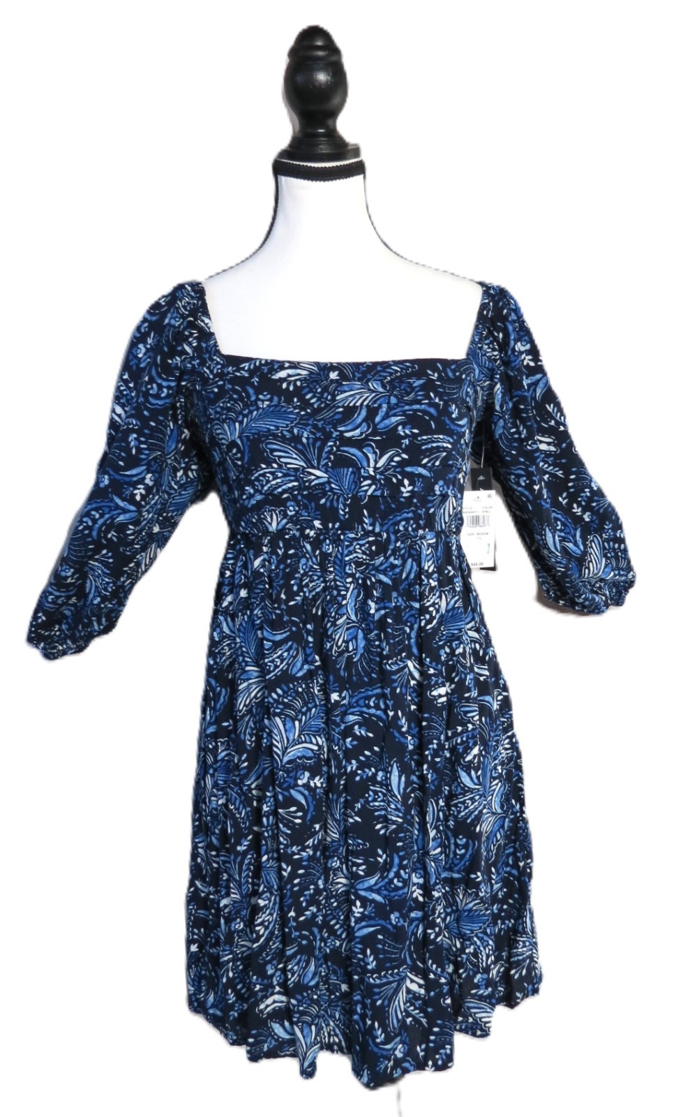 As U Wish Dress Sz. M Navy Floral,1/2 Poof Sleeve, Tiered Bust, Shirred Back NWT