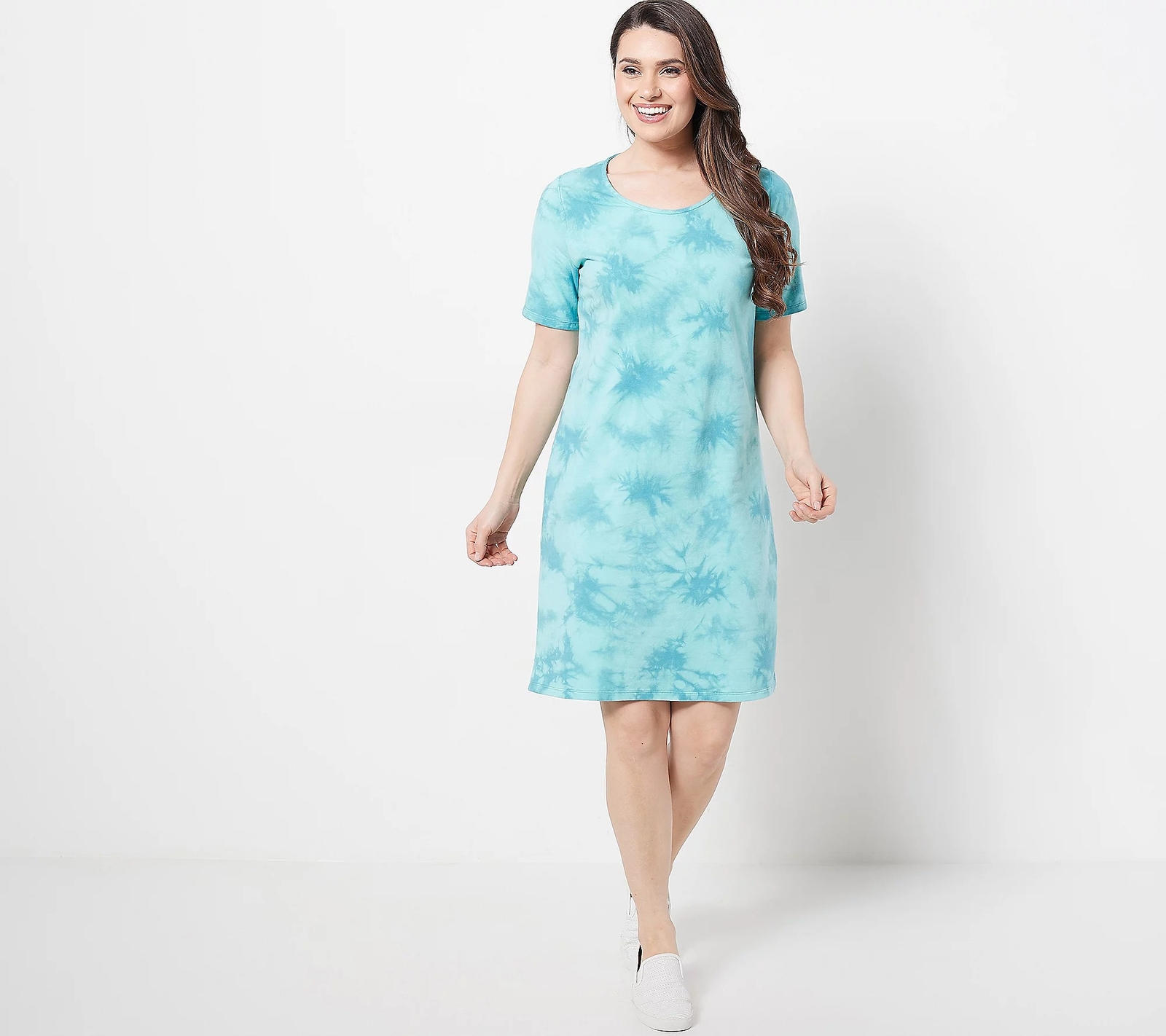 Denim & Co. French Terry Crystal Tie-Dye T-Shirt Dress Turquoise XS New