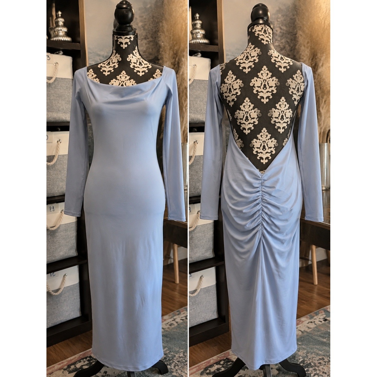 NEW Fashion Nova Monaco Backless Midi Dress Slate Blue NWT Off Shoulder XL Diva