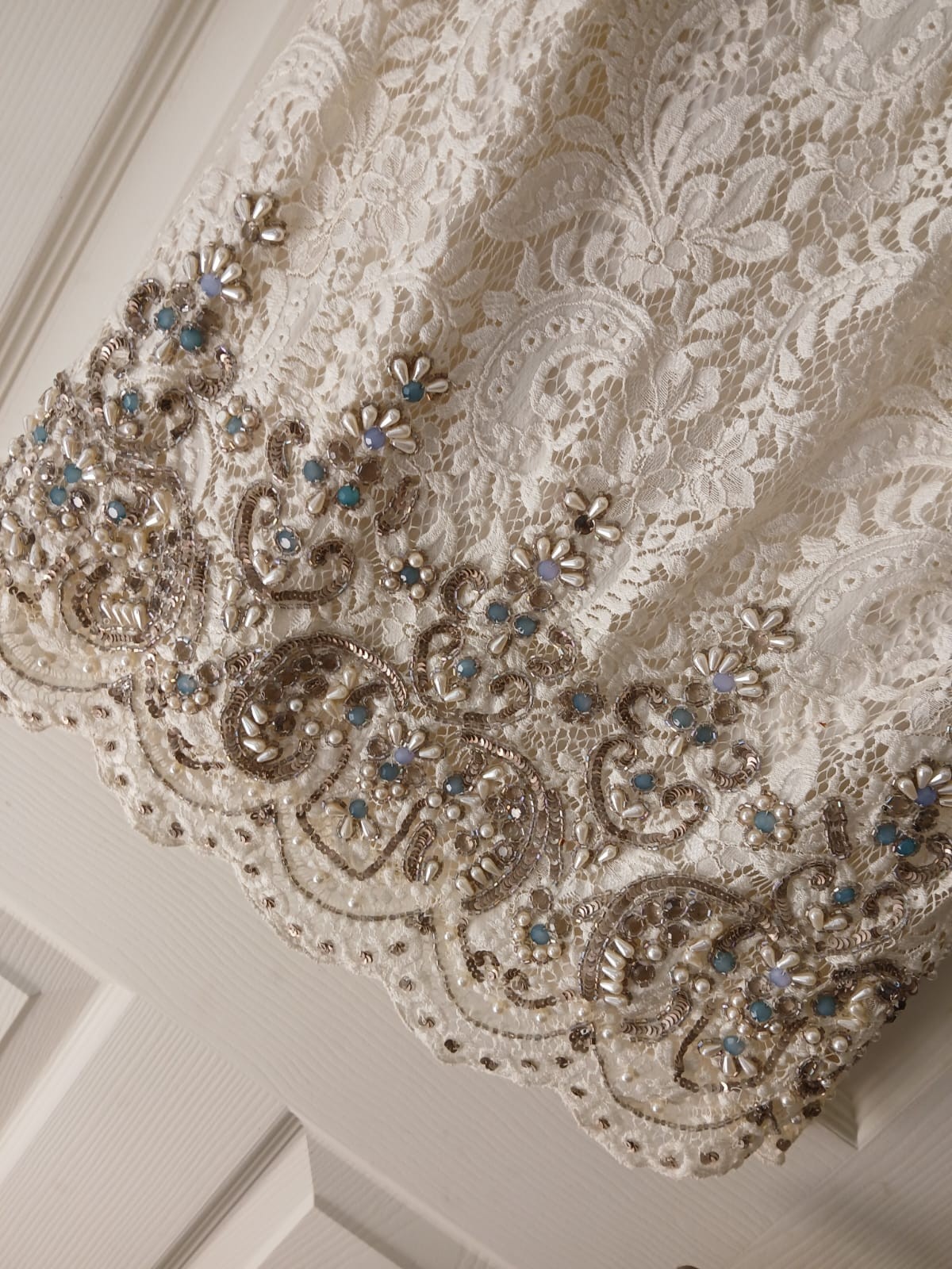 Monsoon Ivory Lace Shift Dress Beaded Sequin Pearl Round Neck 3/4 UK 10