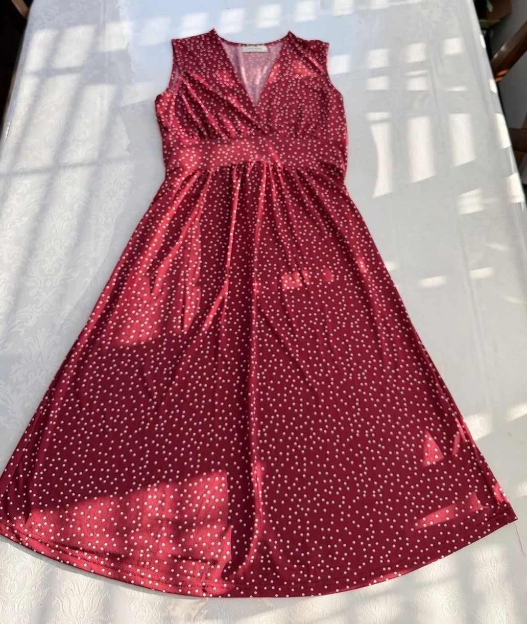 Jon & Anna Red Polka Dot Midi Dress M Sleeveless Stretch Faux Wrap Fit & Flare