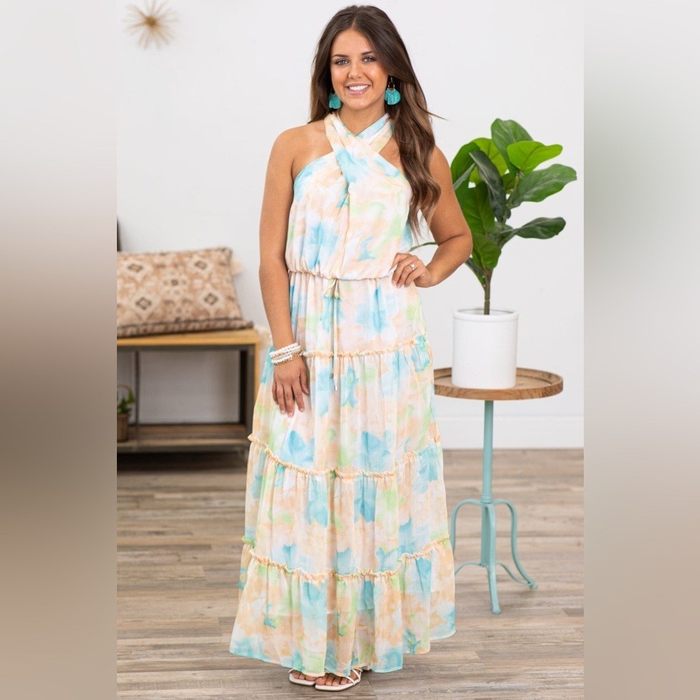 Davi & Dani NEW NWT Peach Multicolor Floral Halter Neck Maxi Dress medium