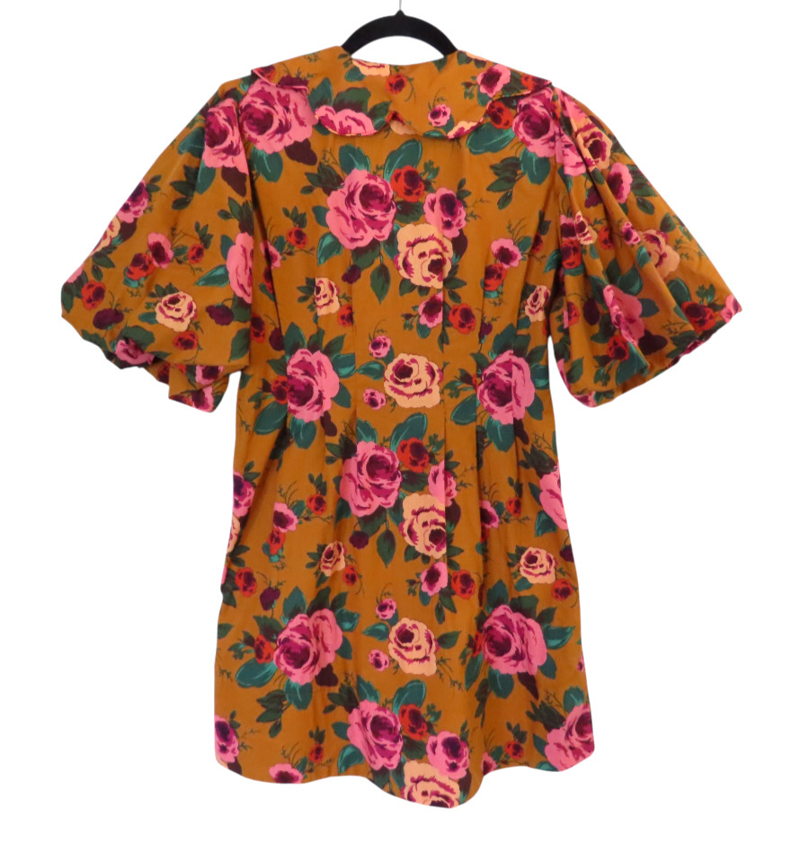 NWT Olivaceous PLEATED PUFF SLEEVE DRESS Mustard/Pink Floral SCALLOP COLLAR sz M