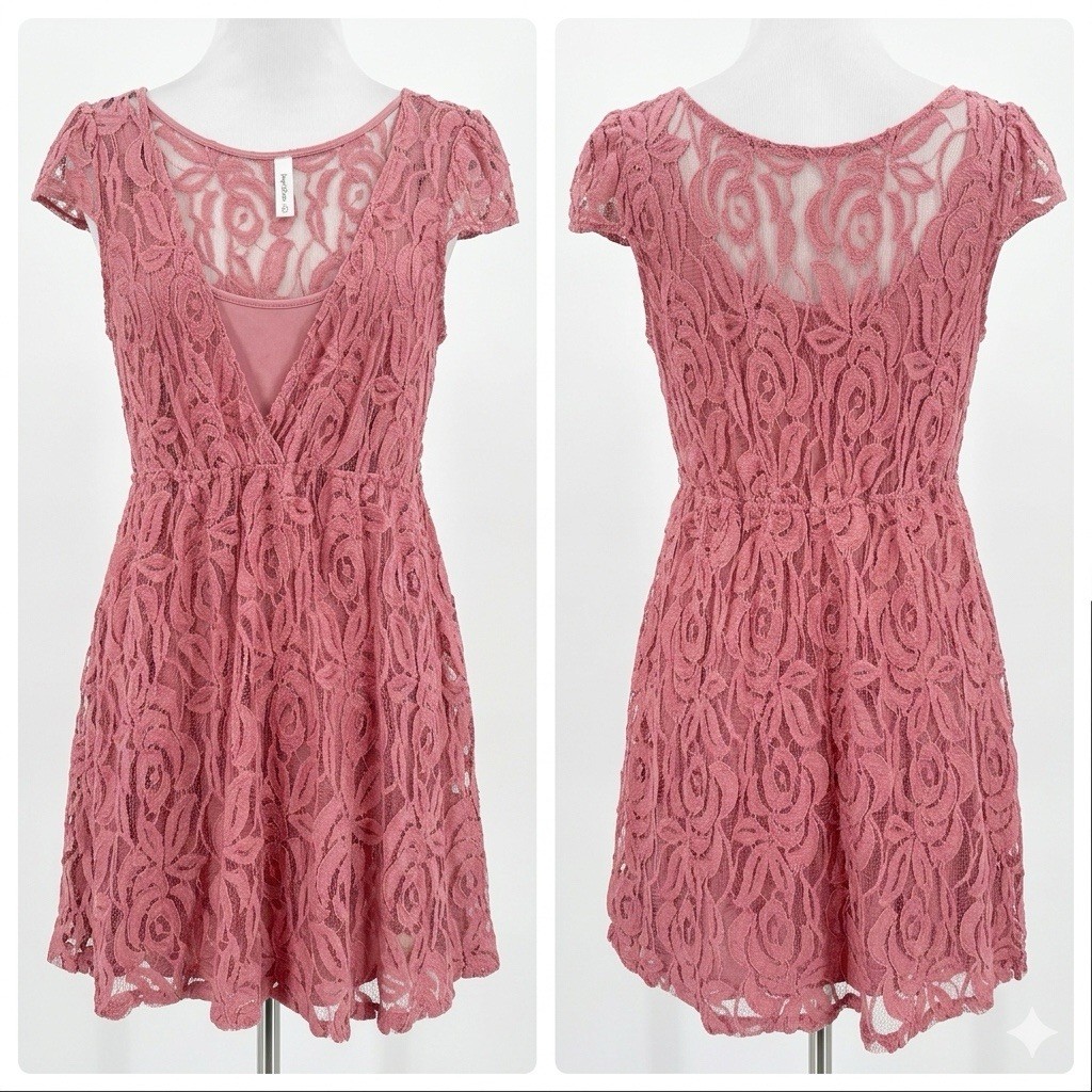 Ms Bella D Dress Medium Pink Floral Lace Sheer Overlay Boho Festival Coachella