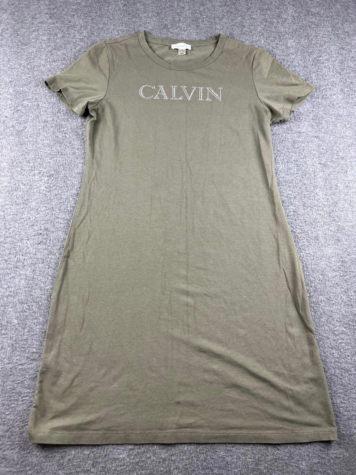 Calvin Klein Casual Olive Green Dress with Rhinestone Logo Size Medium