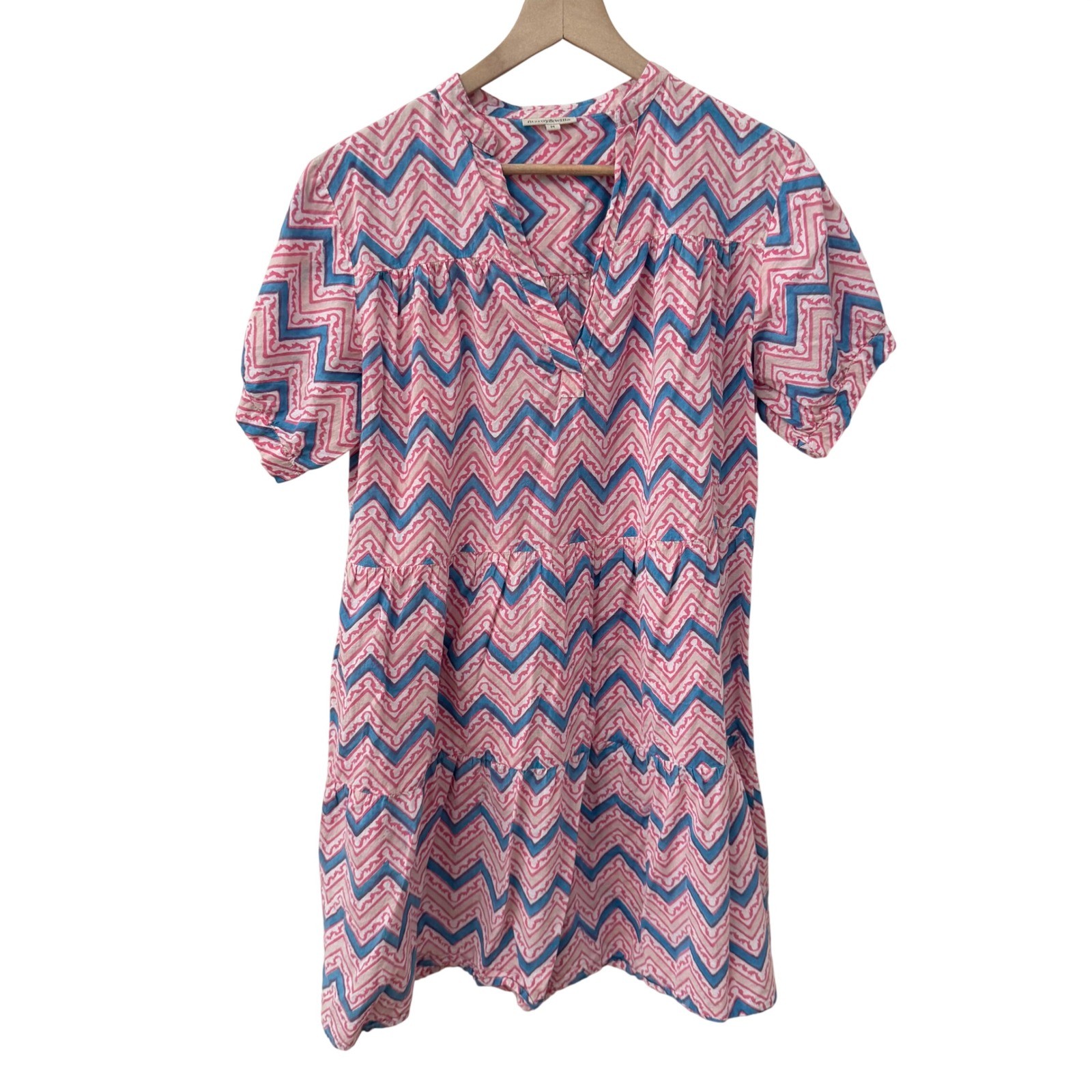 fitzroy&willa Tiered Mini Dress Size M Pink Blue Chevron Cotton Puff Sleeve