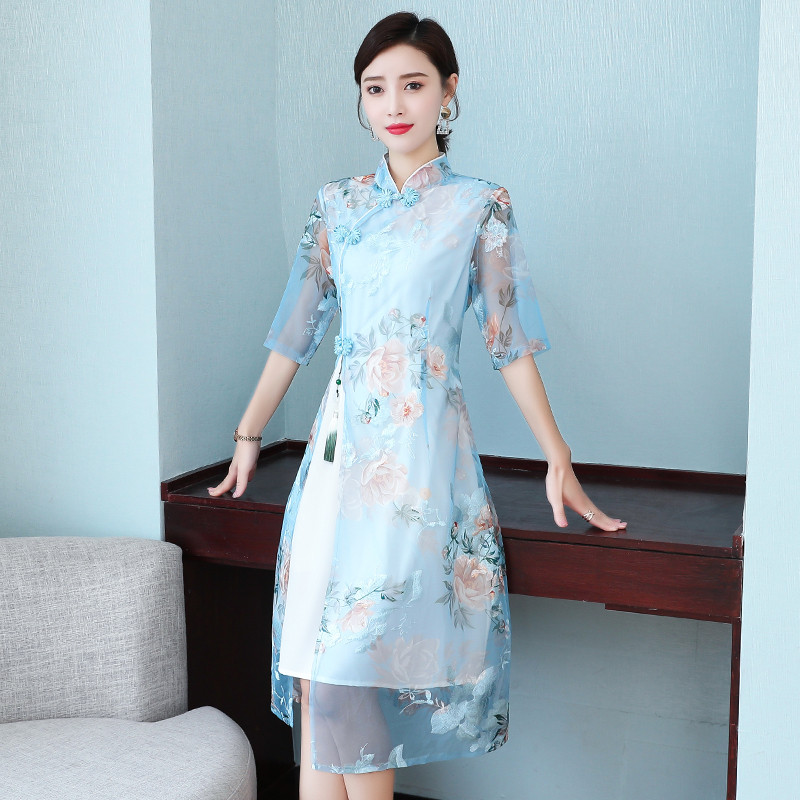 Ladies Flower Pattern Mesh Cheongsam Qipao Dress Side Slit Half Sleeve Elegant