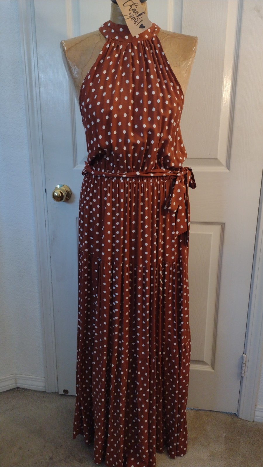 Brown White Polka Dot Halter Sleeveless Maxi Dress tie Belt . Size 9/10