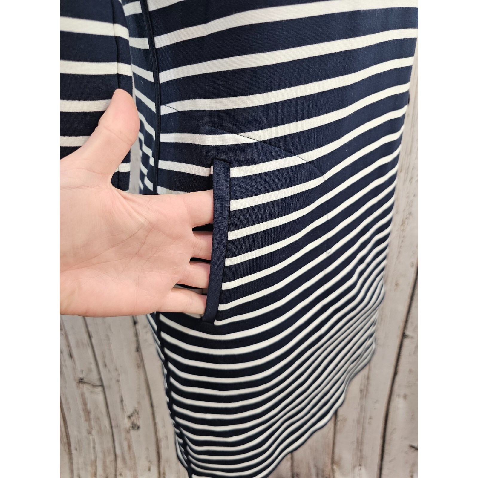 Lands’ End 2 Navy White Striped 3/4 Sleeve Shift Sheath Dress Nautical EUC