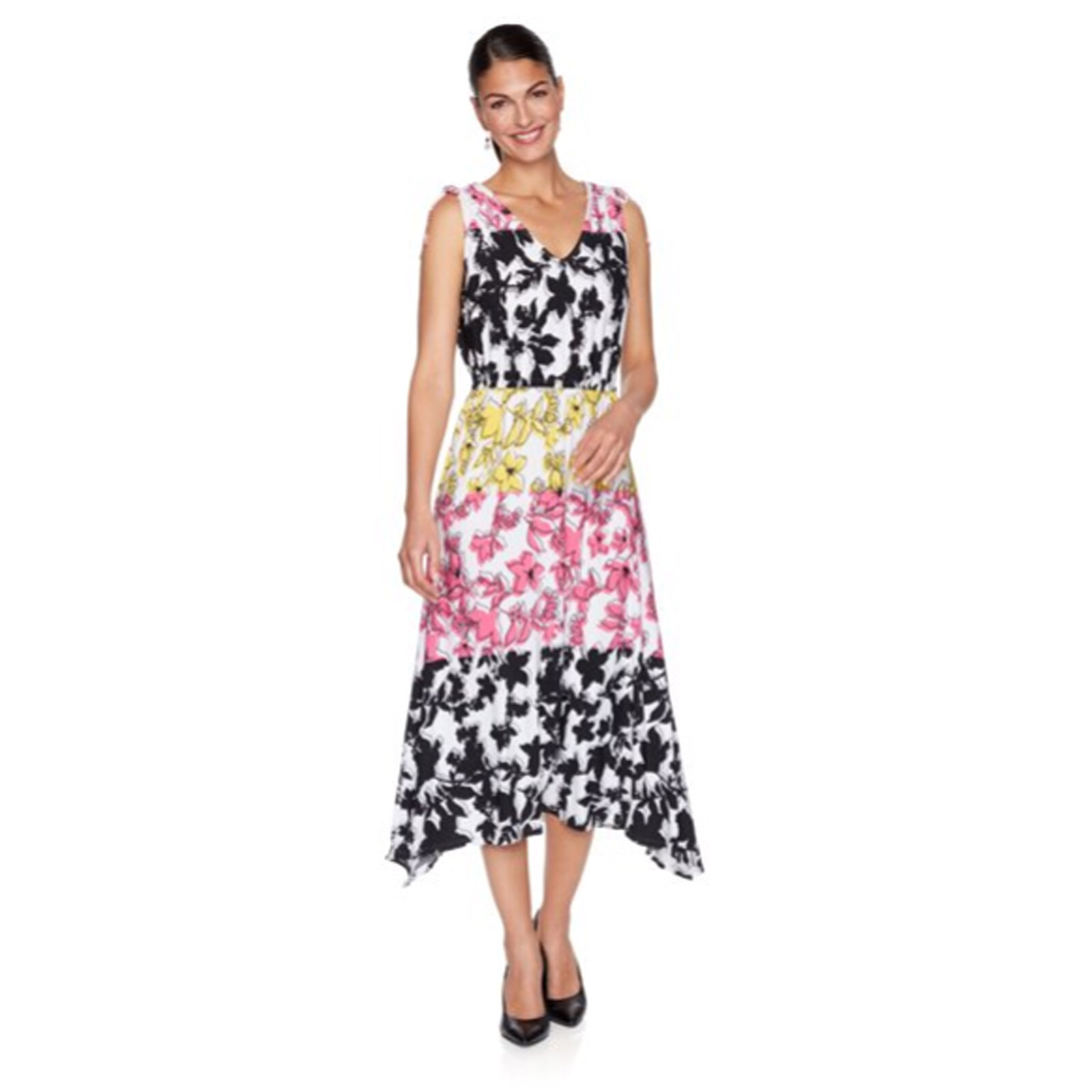 Ruby Rd 1X Floral Pink Yellow White Sleeveless Dress Pullover Asymmetrical B25