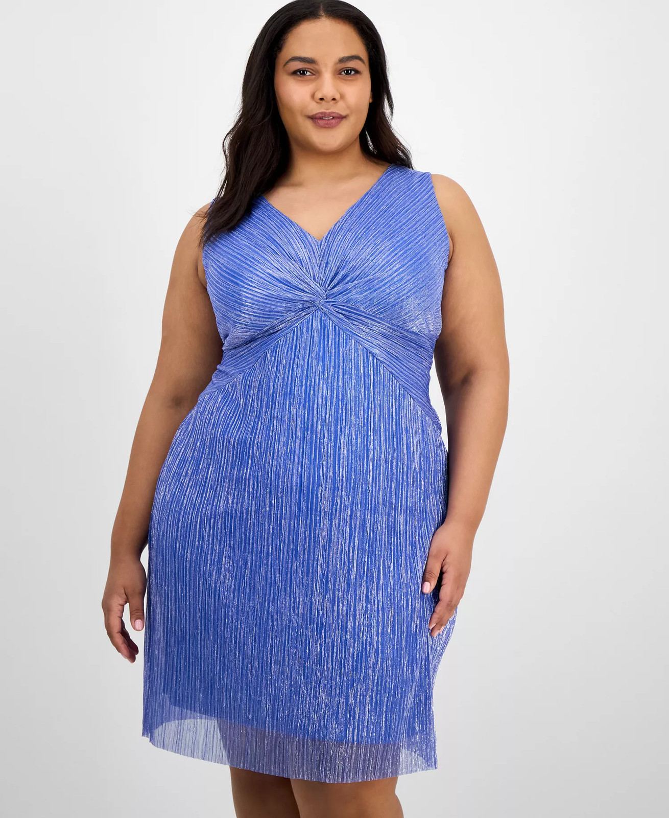 Connected Plus Size Cocktail Dress Blue Metallic Pleated Knee Length 24W NWT