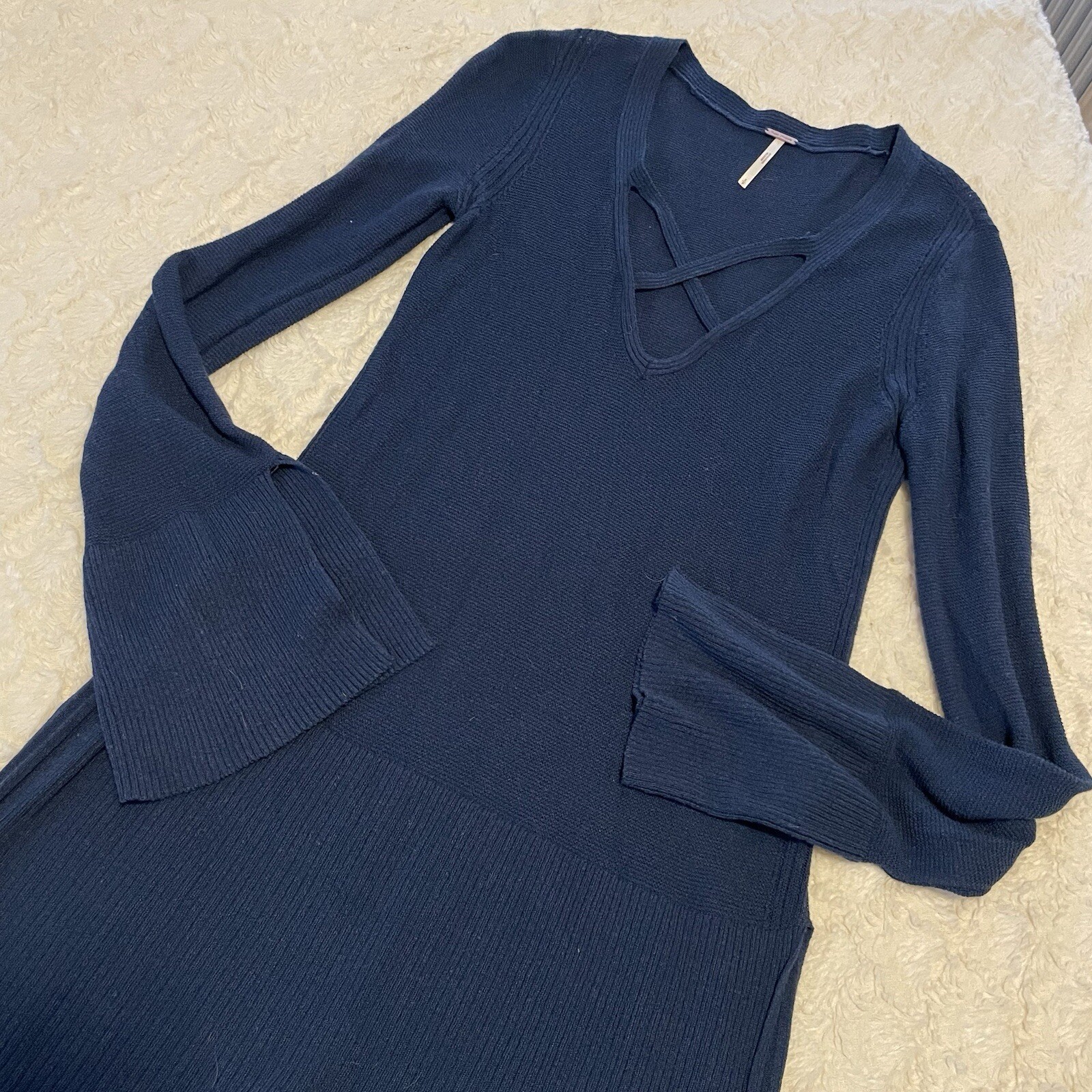 Free People Criss Cross Knit Bell Long Sleeve Tunic Sweater Size Small S Blue