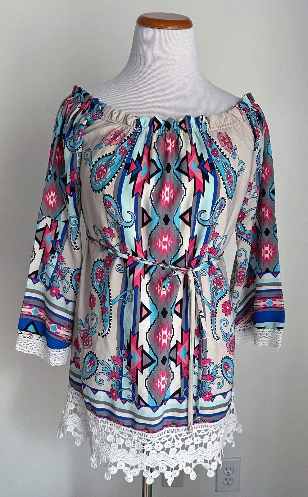 Pink Owl Boho Tunic Off Shoulder Mini Dress, Trumpet Sleeves, Lace Hem, Small