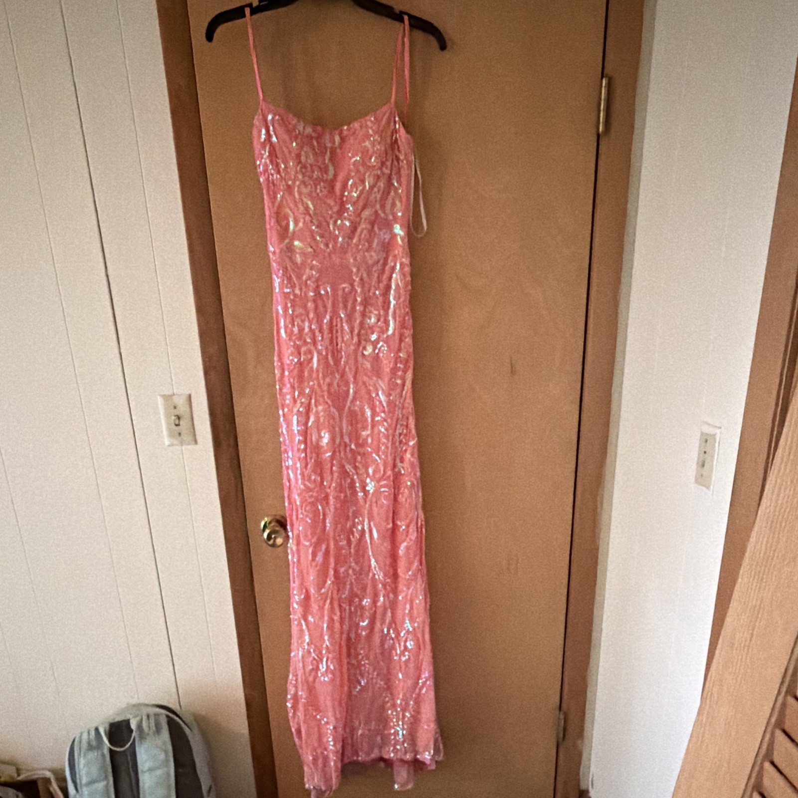 B. Darlin Pink Sequin Square Neck Backless Lace-Up Long Gown Size 9/10