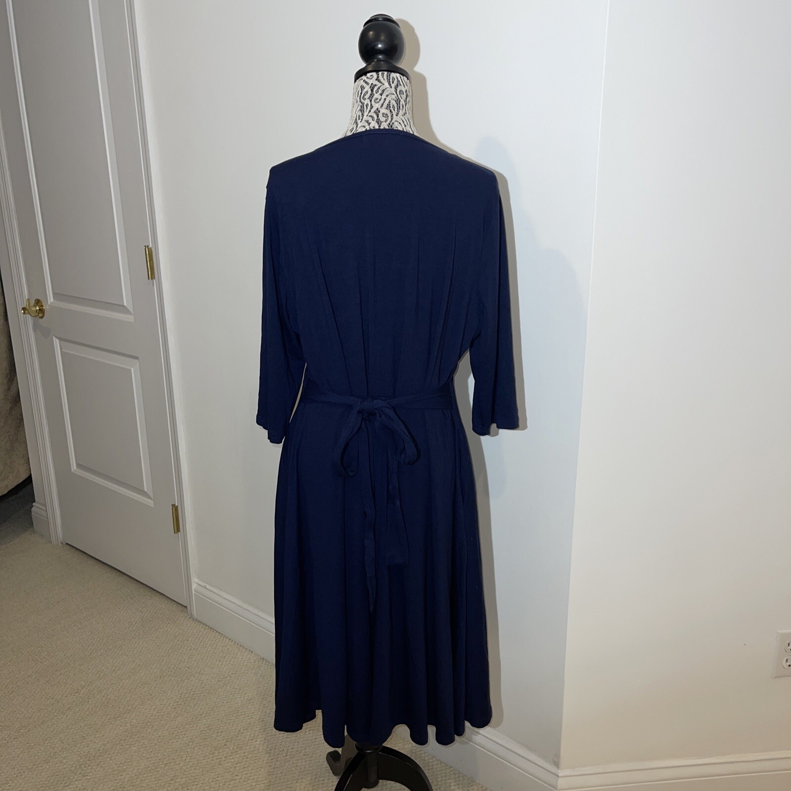 Bedoar Plus 20 Navy Blue 3/4 Sleeve Pockets Cotton Poly Dress Vneck Solid New
