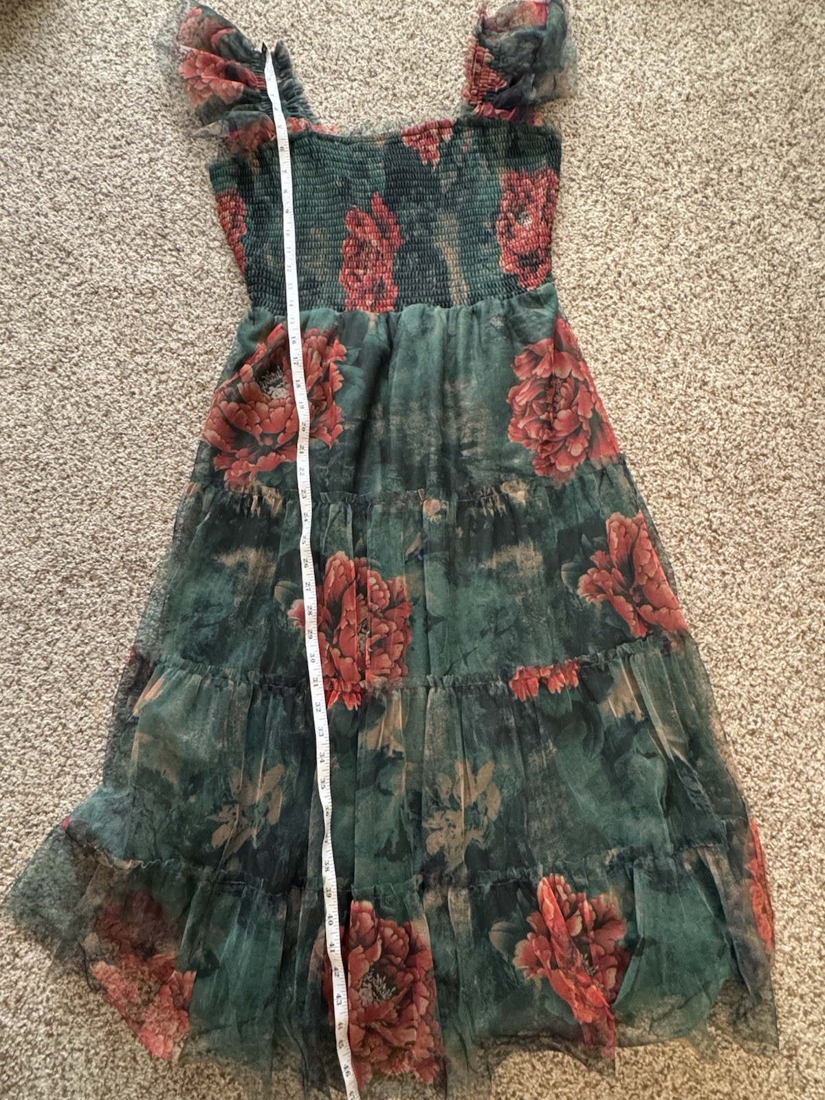 Baltic Born Green Floral Smocked Midi Dress L Tulle Puff Sleeve Cottagecore