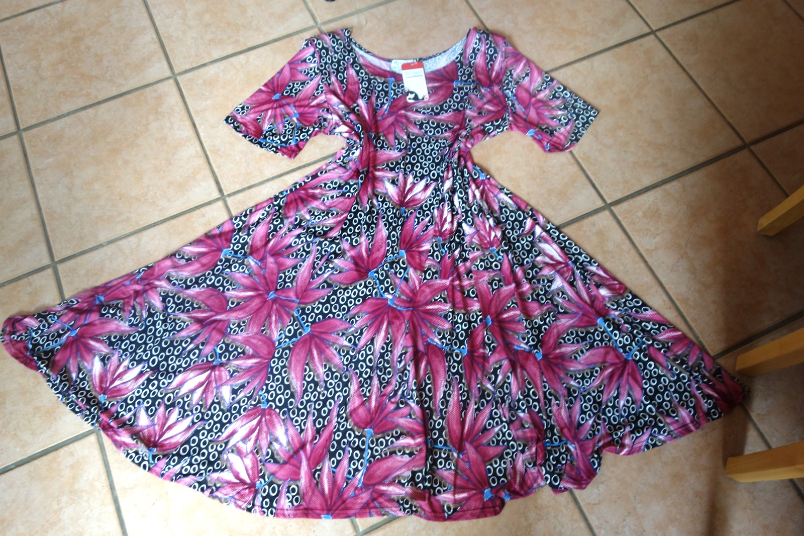 MAGNA summer dress 52 54 NEW pink black white motif stretch A-line LAGENLOOK