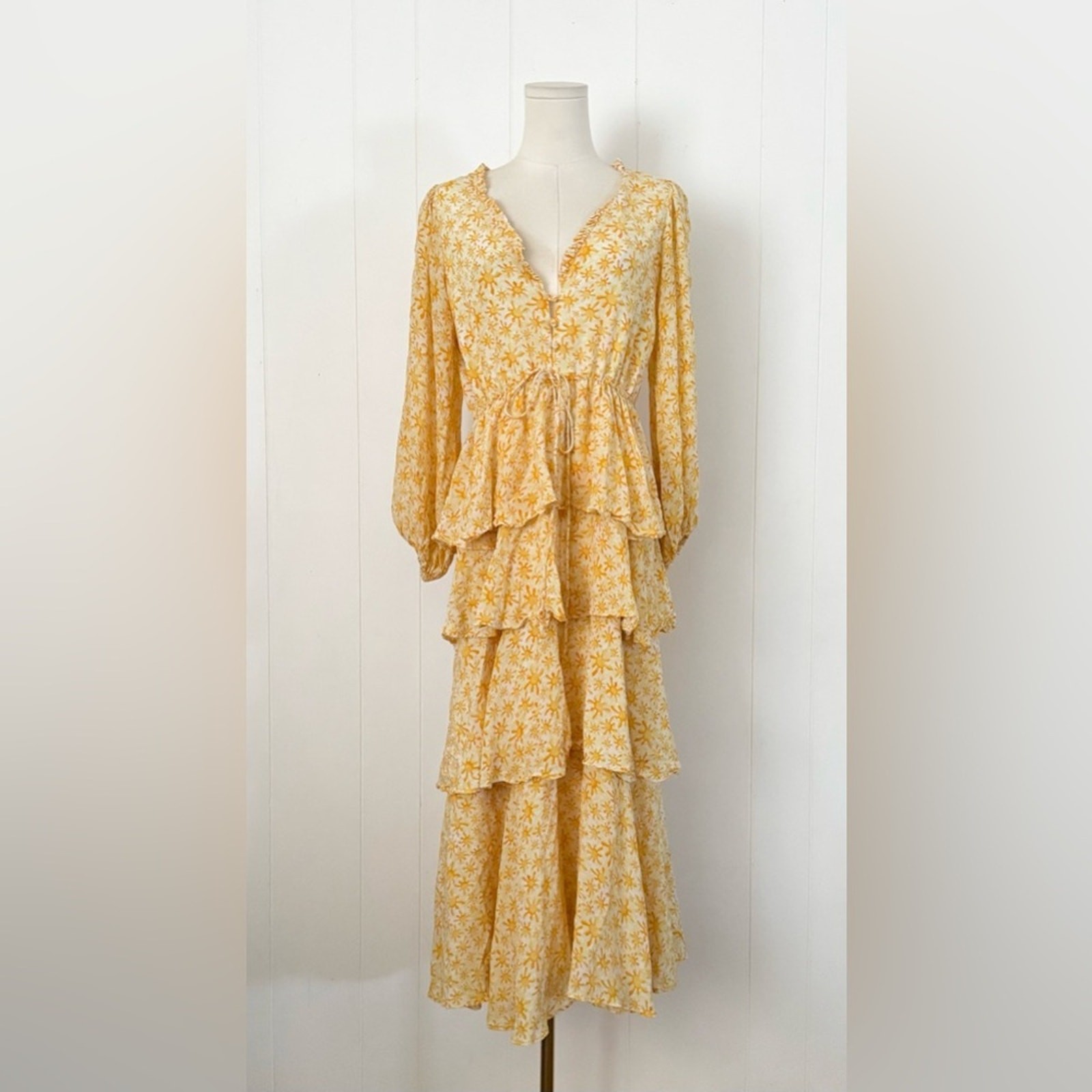 All Things Mochi Luz Tiered Ruffle Maxi Dress in Yellow Size XS 100% Silk