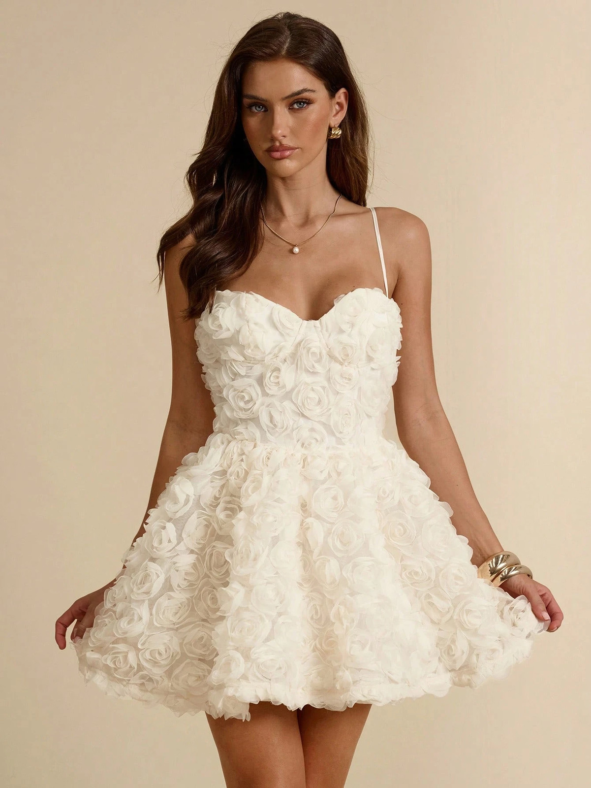 Elegant cream white ladies mini dress with 3D flowers