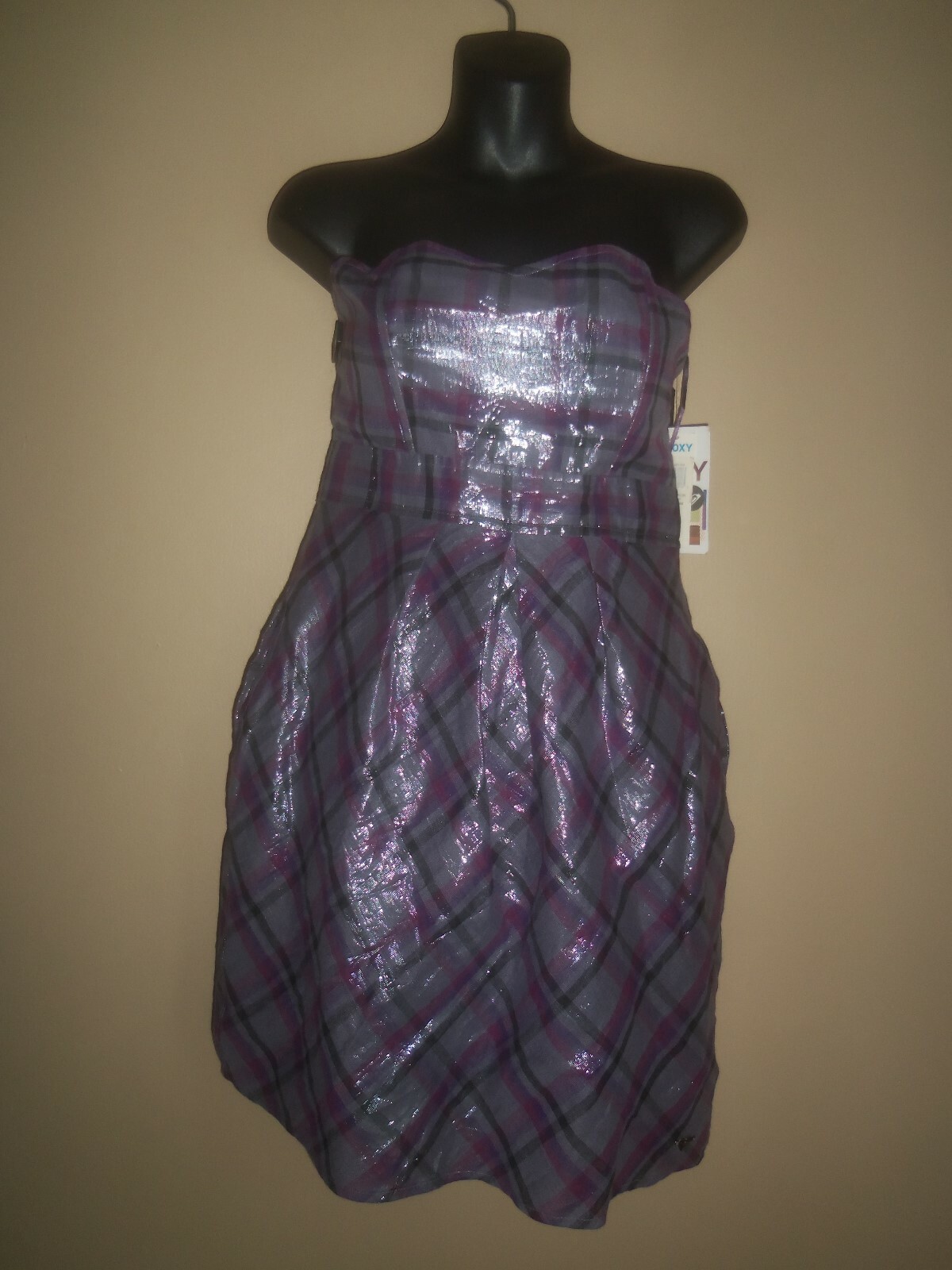 NEW $54 NWT ROXY PURPLE PLAID SHINEY POCKETS STRETCH ELASTIC BACK DRESS SIZE L