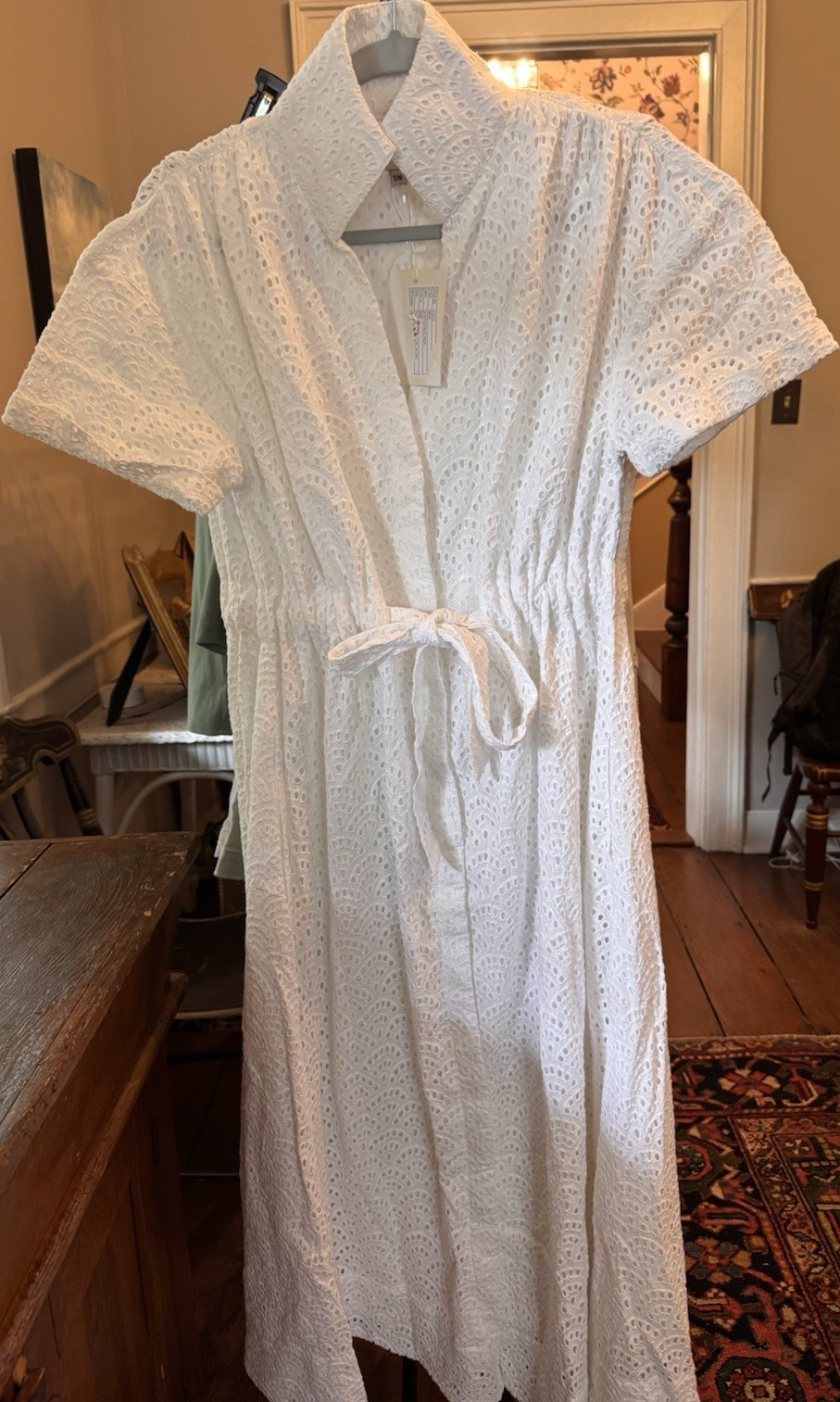 Holly Shae White Eyelet Collared Shirt Dress Bria S/M Cap Sleeve Belted Midi NWT