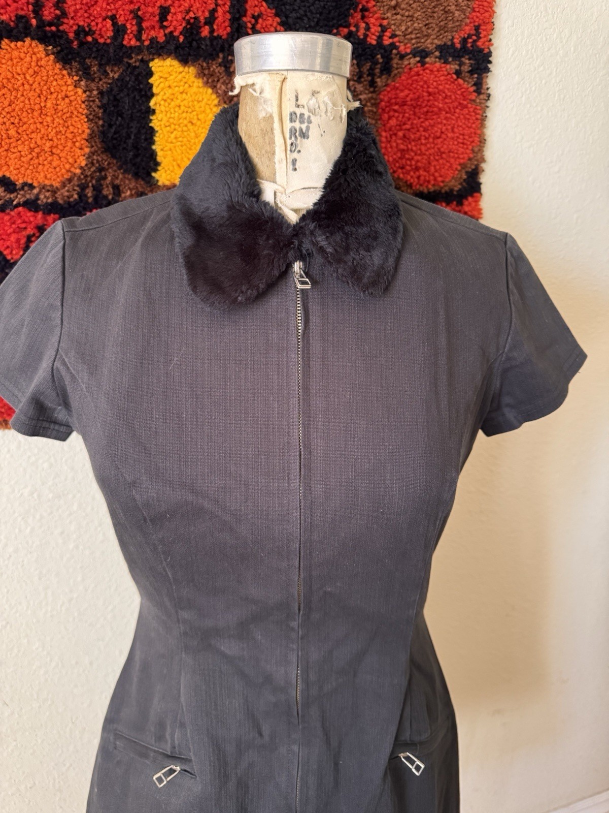 Vintage 90s Y2K Black Zip Front Bodycon Mini Dress vtg Flower Patch Mossimo