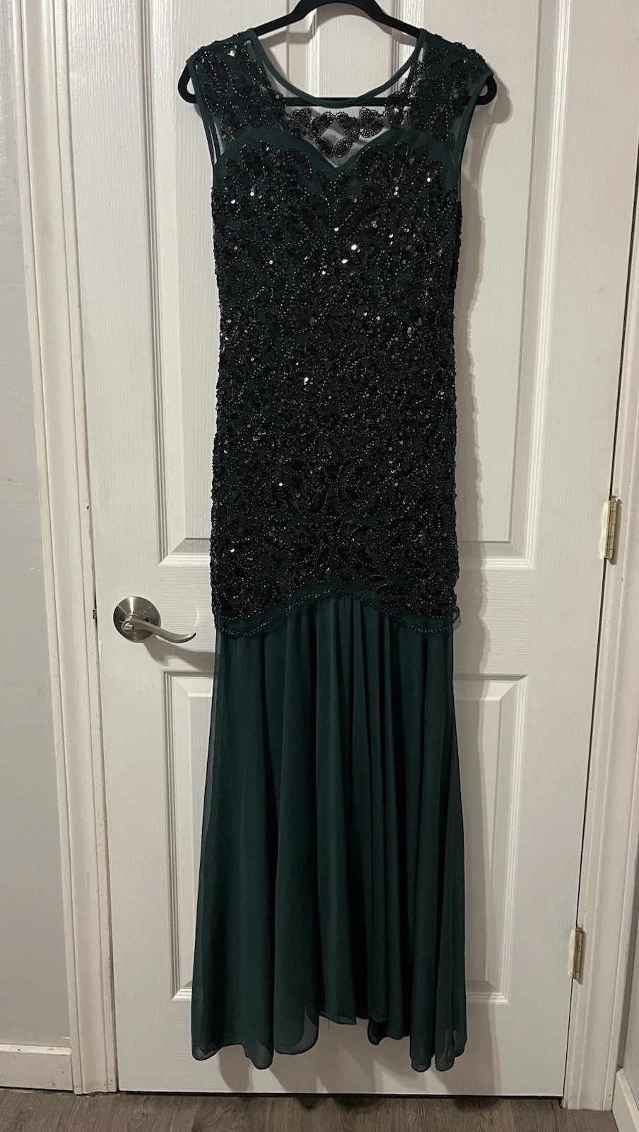 Women’s Art Deco Dress Small Black Green Sleeveless Sequins Beaded Evening Party