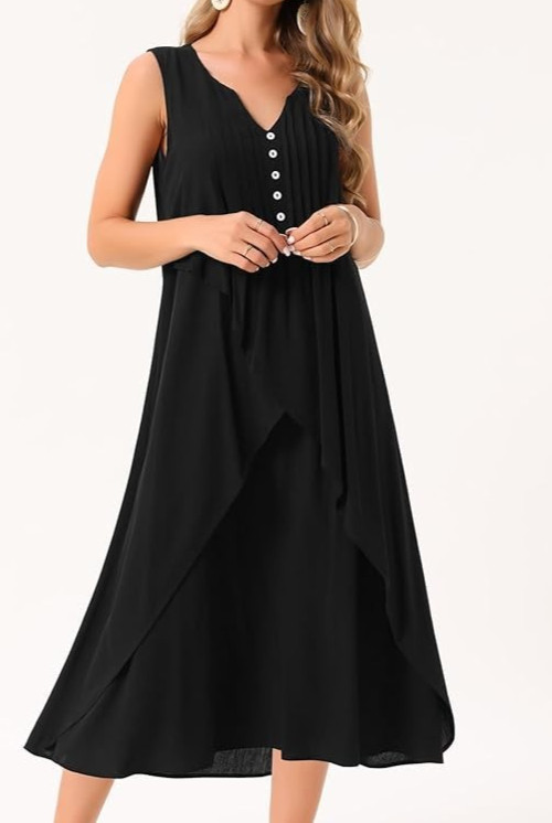 Seta T Womens Ruffle Dresses Sleeveless V Neck Pleated Flowy Maxi Dress Black XL