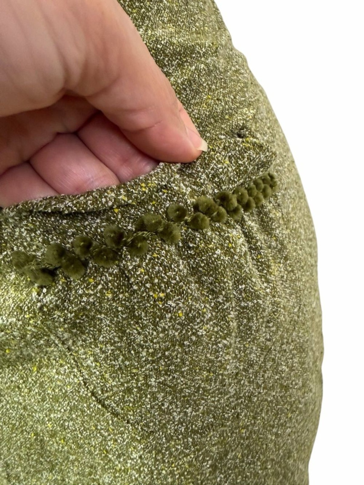 David Meister Olive Green Wool Boucle Ruffle Hem Sleeveless Sheath Dress 6